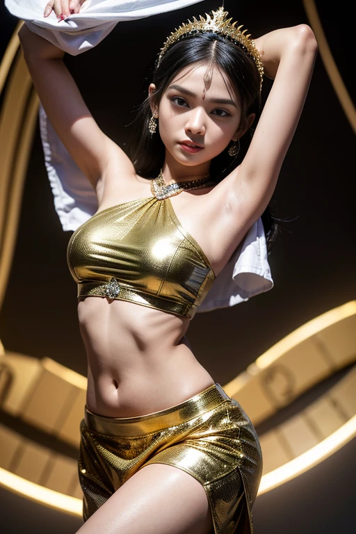 Cover your chest with your hands，Shirtless，don't have clothes， Japanese girl， belly dance，golden colored，Dance background，Stage lighting effects，Stage lighting and shadows