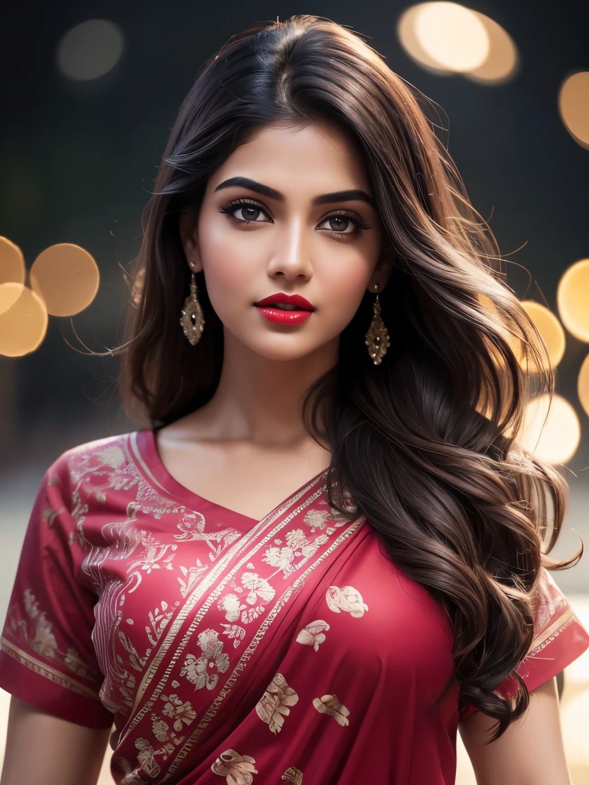 big , night bokeh effect background, perfect pink eyes, fantastic face, Indian, beautiful look, ((red lips, bright eyes, curve heir 1.5)), ((beautiful details body)), A glorious gorgeous, glorious gorgeous face, pretty face, bright eyes, detailed elegant printed shirt, updo elegant hair, blurred gray tones background, ultra focus, face ilumined, face detailed, 8k resolution, painted, dry brush, brush strokes,