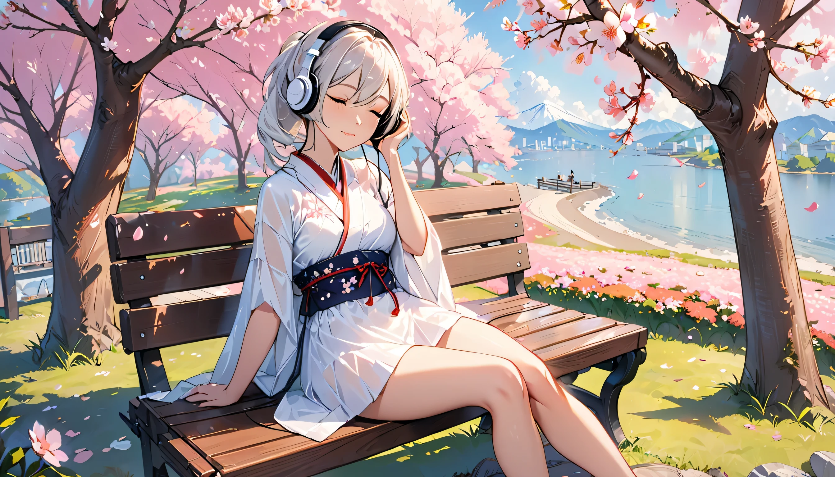 ((best quality)), ((masterpiece)), (detailed), perfect face, sitting under the cherry blossom tree, listening to music, One woman, wearing headphones, eyes closed, wearing underwear, underwear is transparent, sitting on a bench