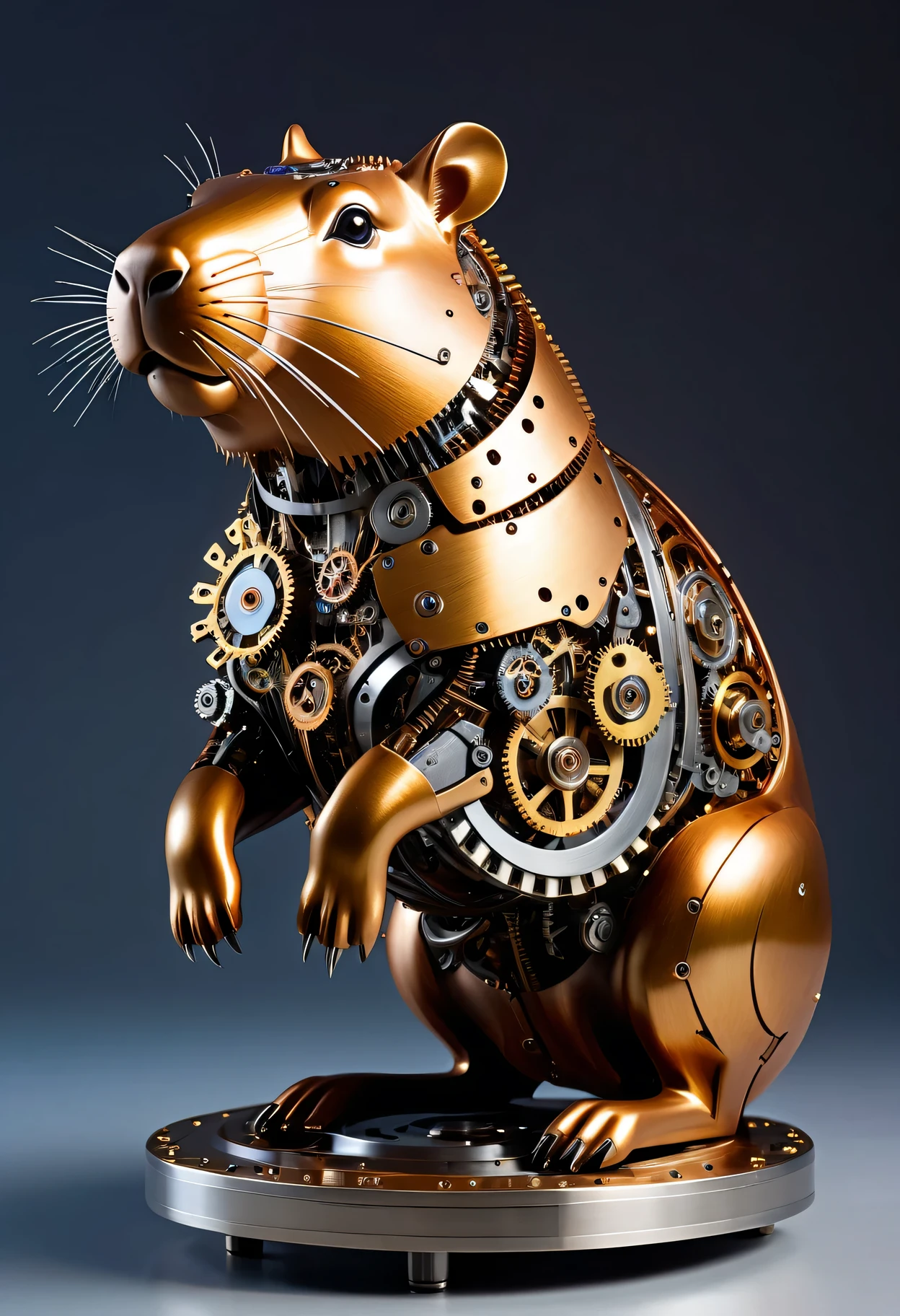 best quality,ultra-detailed,realistic,mechanical,robotic,Capybara sculpture,detailed gears and cogs,stainless steel,moving parts,industrial aesthetic,machinery,steampunk,shiny metallic surface,sharp edges and angles,bright studio lighting,colorful LED lights,mechanical movements,clockwork precision