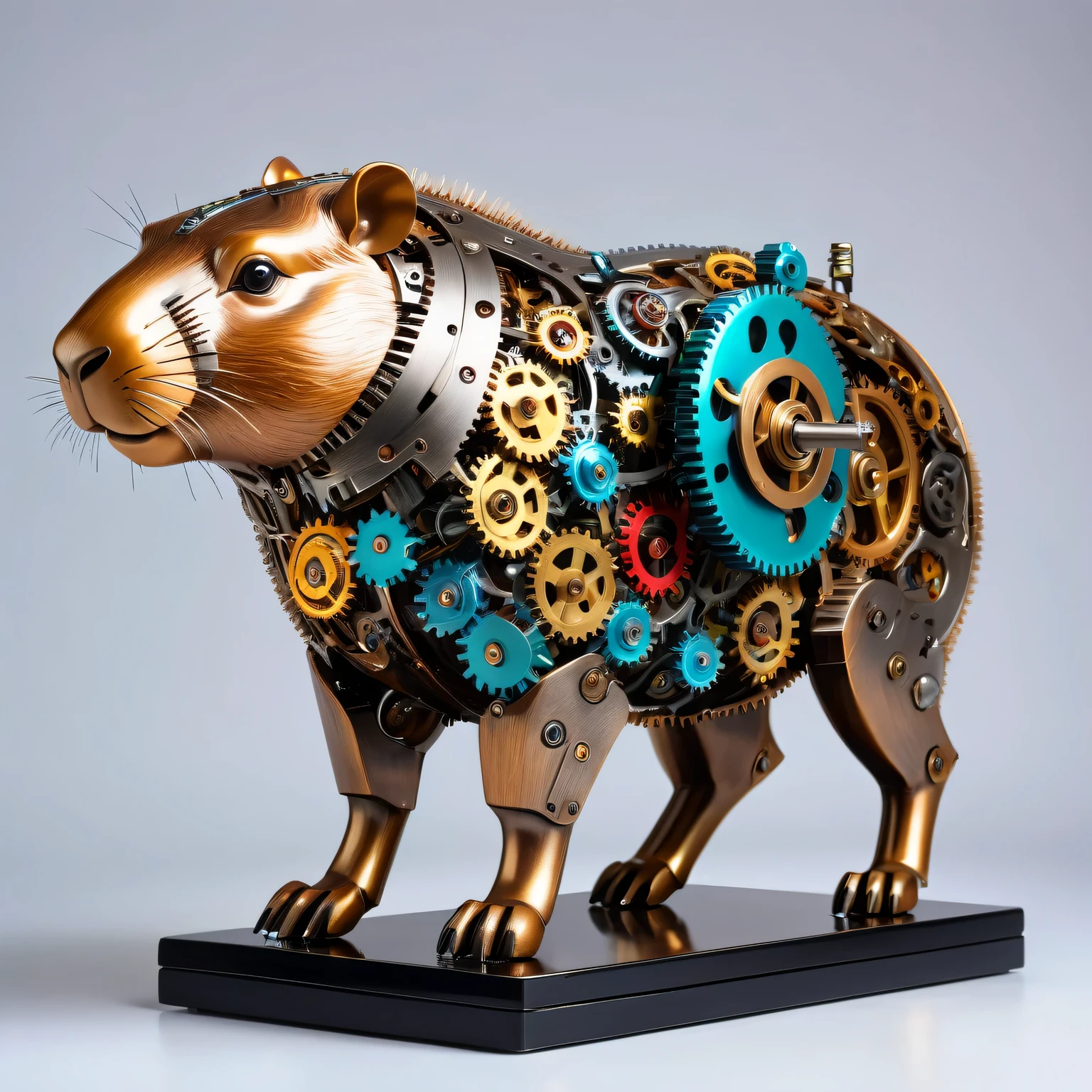 best quality,ultra-detailed,realistic,mechanical,robotic,Capybara sculpture,detailed gears and cogs,stainless steel,moving parts,industrial aesthetic,machinery,steampunk,shiny metallic surface,sharp edges and angles,bright studio lighting,colorful LED lights,mechanical movements,clockwork precision