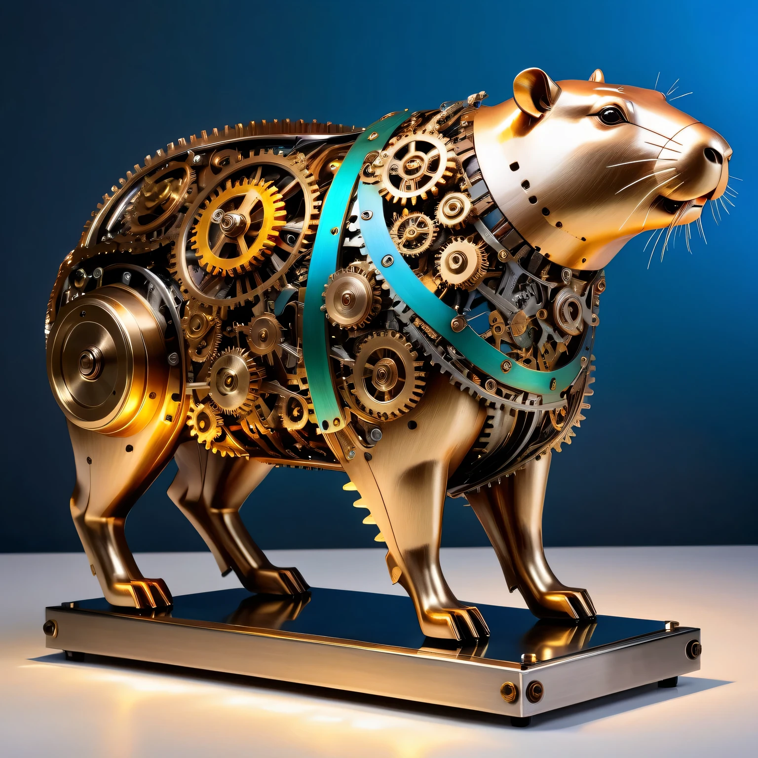 best quality,ultra-detailed,realistic,mechanical,robotic,Capybara sculpture,detailed gears and cogs,stainless steel,moving parts,industrial aesthetic,machinery,steampunk,shiny metallic surface,sharp edges and angles,bright studio lighting,colorful LED lights,mechanical movements,clockwork precision