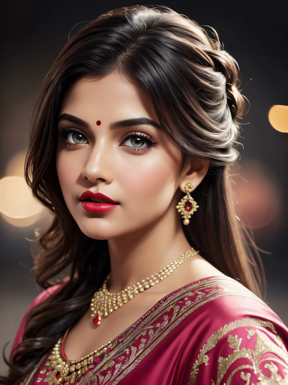 big , night bokeh effect background, perfect pink eyes, fantastic face, Indian, beautiful look, ((red lips, bright eyes, curve heir 1.5)), ((beautiful details body)), A glorious gorgeous, glorious gorgeous face, pretty face, bright eyes, detailed elegant printed shirt, updo elegant hair, blurred gray tones background, ultra focus, face ilumined, face detailed, 8k resolution, painted, dry brush, brush strokes,