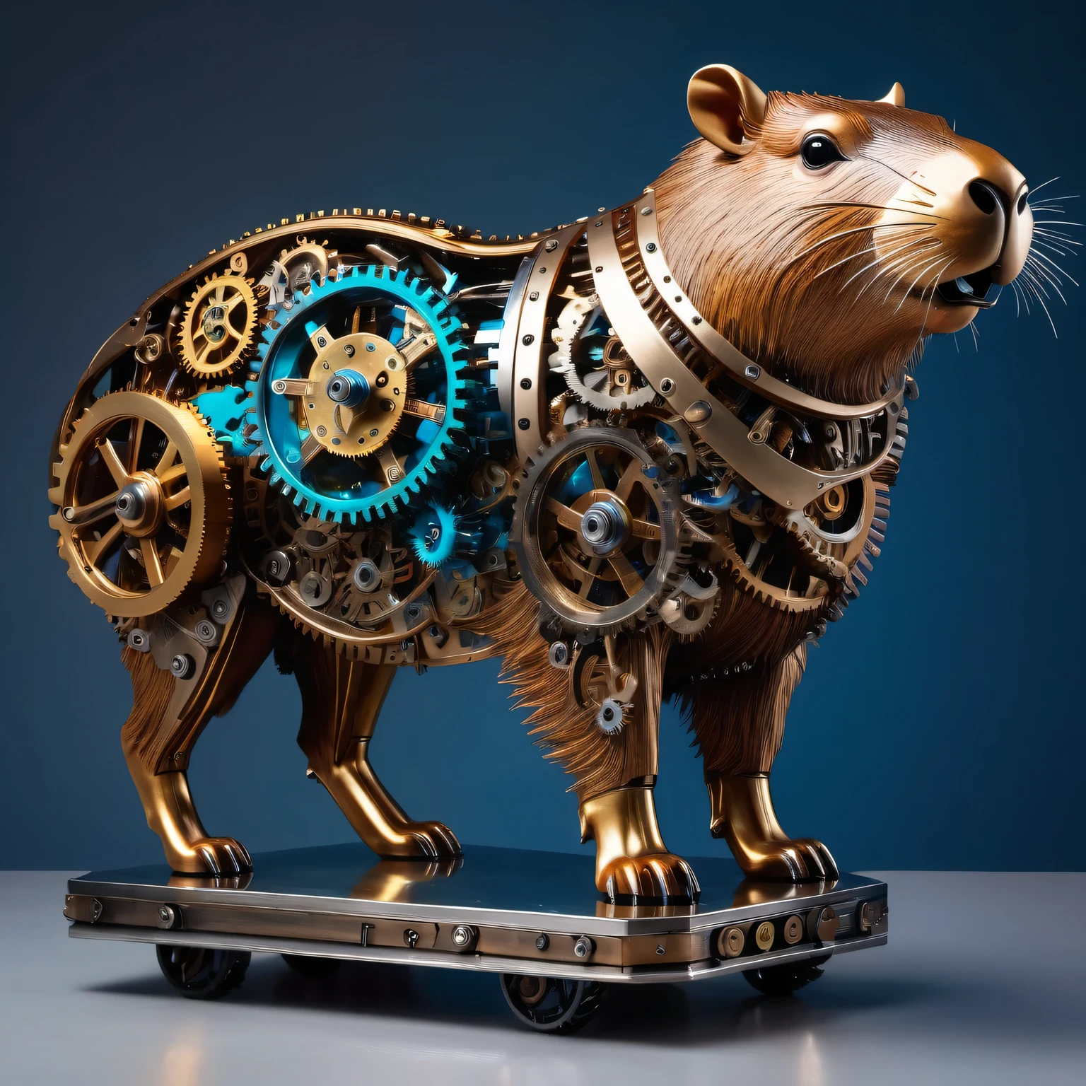 best quality,ultra-detailed,realistic,mechanical,robotic,Capybara sculpture,detailed gears and cogs,stainless steel,moving parts,industrial aesthetic,machinery,steampunk,shiny metallic surface,sharp edges and angles,bright studio lighting,colorful LED lights,mechanical movements,clockwork precision