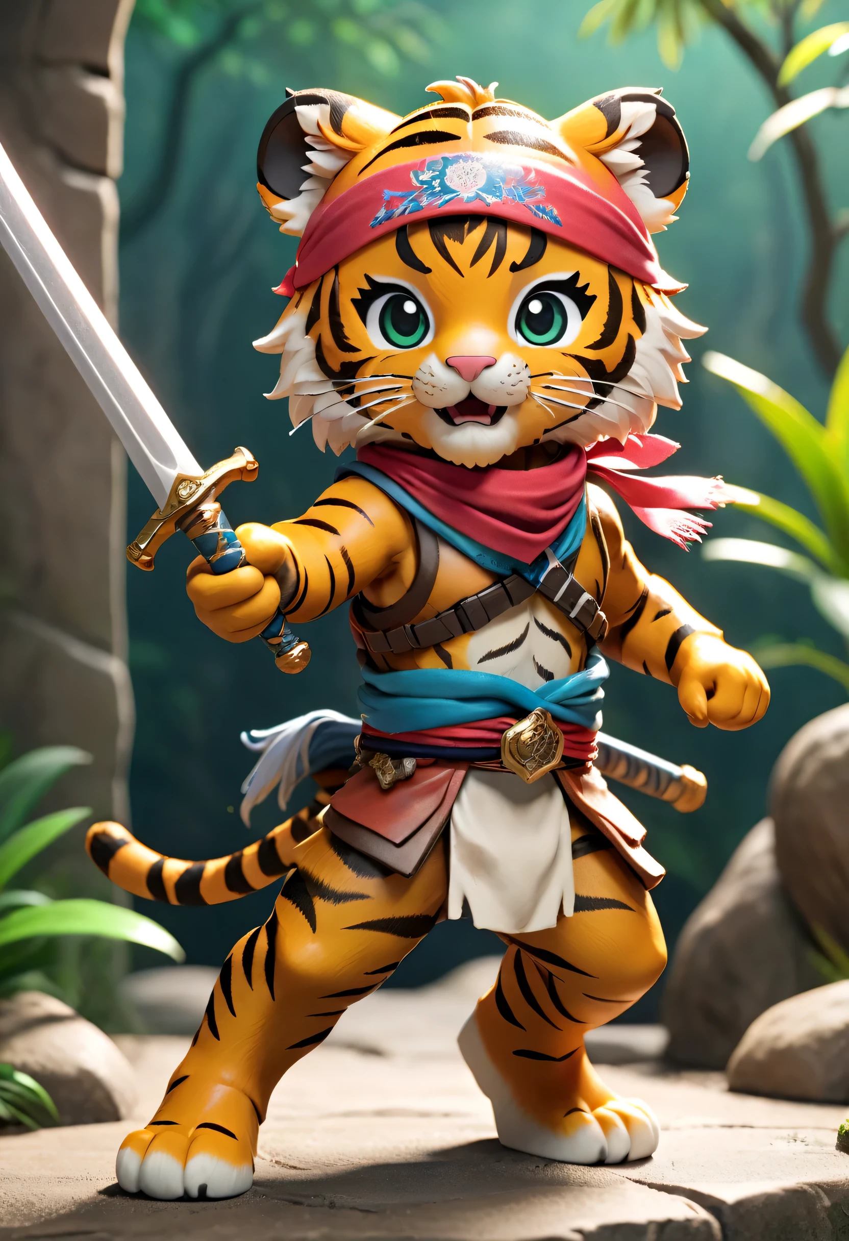 Esbian all over、Cool Tiger、Poptra、Diorama、Simple Background、bandana、Holding a sword in his hand、Best Quality, Capture the cutest moments, Depth of written boundary, Super detailed, Ultra-high resolution, Octadale, 8K, 16km race