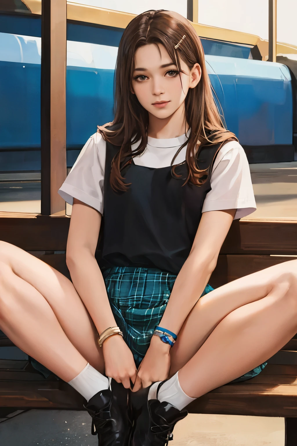 1girl,(professional portrait, professional writing) ,
masterpiece,bestquality,realistic,8k,
official art, ultra highres,

(1girl sitting, spread legs:1.5), 
teenager, kawaii, skinny,
beautiful face, seductive smile,

slim legs,
perfect waist to hip ratio,
looking at viewer,
long hair, brown hair,
lips,
brown eyes,
smile, BREAK,  

cosplay,
jk_style, jk_skirt, jk_shirt, (striped), jk_bow,
shirt, short sleeves,
skirt, plaid skirt,
white pantyhose,
brown shoes, BREAK,  

fashionable accessories, 
bag, hair ornament,
jewelry, bracelet,
backpack, BREAK,  

outdoors, real world location, 
carousel, amusement park,  BREAK, 
BREAK, 
1girl, 
