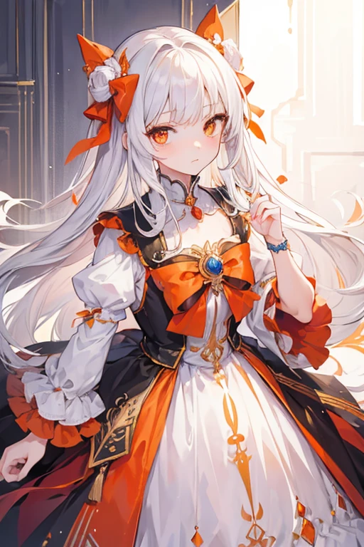 (masterpiece, best quality, expressive eyes, perfect face), (anime), 1girl, orange eyes, long white hair, noblewoman dress, hairbow, 