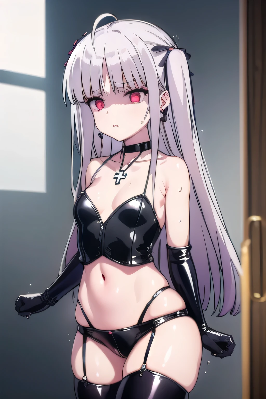 masterpiece, best quality, ultra-high-detailed, Disgusted face, white hair, red eyes, sigtuna julie , small breast, BDSM room, lookindown to you , deep eyes , cowboy shot, black latex shorts, black latex thigh high boots, black latex top, bare midriff, bare thighs, black latex gloves, leather choker, dominatrix, goddess, femdom, mistress, leather pants, black mini corset ,jewelry, earrings, jewelry, , earrings, cross necklace, makeup, lipstick, eyeshadow, Warm body, hot body, A lot sweat , more sweat, hot temperature, sweating, Sweated a lot, warm room, navel, torture chamber, bare shoulder, showing shoulder, Collarbone, no skirt