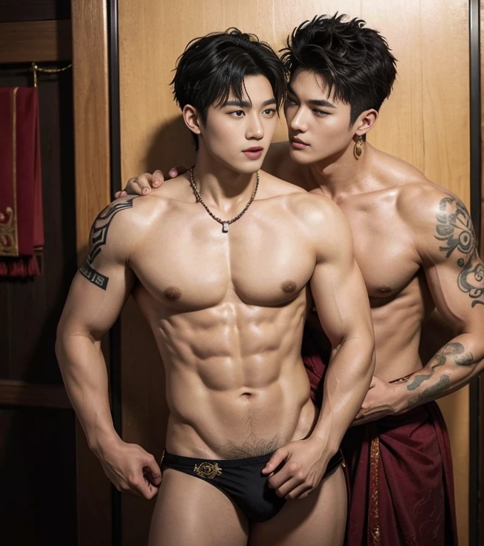 Two  handsome boys kissing, smiling at each other,hugging, kissing, touching lips, cuddle, romantic,skin ship, full body shoots. Chinese Men God, Mythology, realistic, Chinese odyssy, super Handsome,manly,  kpop idol, handsome korean actor, 20 years old,, detailed face, manly jawline, detailed mess curly styling hair,  Topless, Muscles, big breast Athlete body, Full Frame,full body shoots, Sexy, realistic, human skin, tattoo breast, Professional studio Lighting, long red tibet wedding Outfit, jade and golden pendent all over , detailed jewery in dress, earings,Chinese ancient wedding Background,out door, super detailed background,look at camera ,  open mouth, sexy Underneathe Underwear, tibet Warrior, Hanfu  red wedding dress,  tibet Male, tibet Nobel, Seduce , bare chest , tattoo chest, tattoo arms, tattoo hands, tattoo back, tattoo legs , big juicy butts.