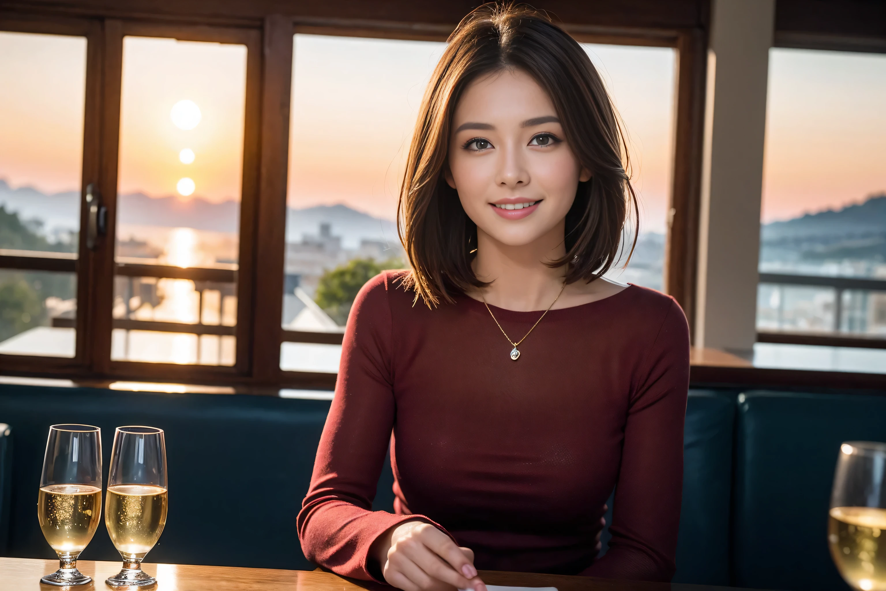 ((highest quality、8k、masterpiece:1.3))、Sharp focus:1.2、Beautiful woman perfect body:1.4、Slim body、((Bob Hale、Straight hair:1.2))、(to be born, highest quality, masterpiece:1.5), (Realistic, Intricate details:1.2), Ultra-high resolution, Put the light on your face、Spectacular view of the sunset sky and clouds、Amazing mountain views、A bright smile、wine glass、red wine 、Appetizer、Italian food、Wine bottle、Champagne、sparkling wine、, Beautiful Face, blue eyes, The light shines on your face, Blushing, short hair,Bright Face、Fox face、 (42 years old), 40 years old, Lady、Two beauties、Brown Hair、Shortcuts、Long sleeve shirt、dress、Pretty Woman 1, (slim face), (The body is slim), (Brown Hair), (Shortcuts), cheeks turn a little red,Attractive beauty、, Out of the window, A beautiful and detailed night view unfolds.........., restaurant, In a prominent place (From the waist up) Nova Frog Style, actress, model, Upper Body, White wine, slim, wine glass, A wine glass placed in the middle, smile, (smile: 1.15), Beautiful fine grain, Depth f/2,saturation, High Contrast, Strong light and shadow,Moist Body:1.5、3D texture、Delicate eyes、Brown Hair、The hair is very shiny、