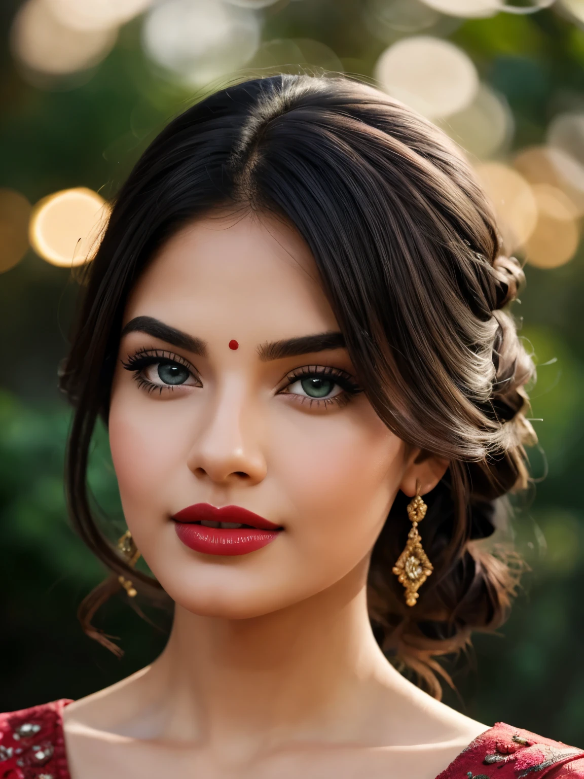 big , night bokeh effect background, perfect pink eyes, fantastic face, Indian, beautiful look, ((red lips, bright eyes, curve heir 1.5)), ((beautiful details body)), A glorious gorgeous, glorious gorgeous face, pretty face, bright eyes, detailed elegant printed shirt, updo elegant hair, blurred gray tones background, ultra focus, face ilumined, face detailed, 8k resolution, painted, dry brush, brush strokes,
