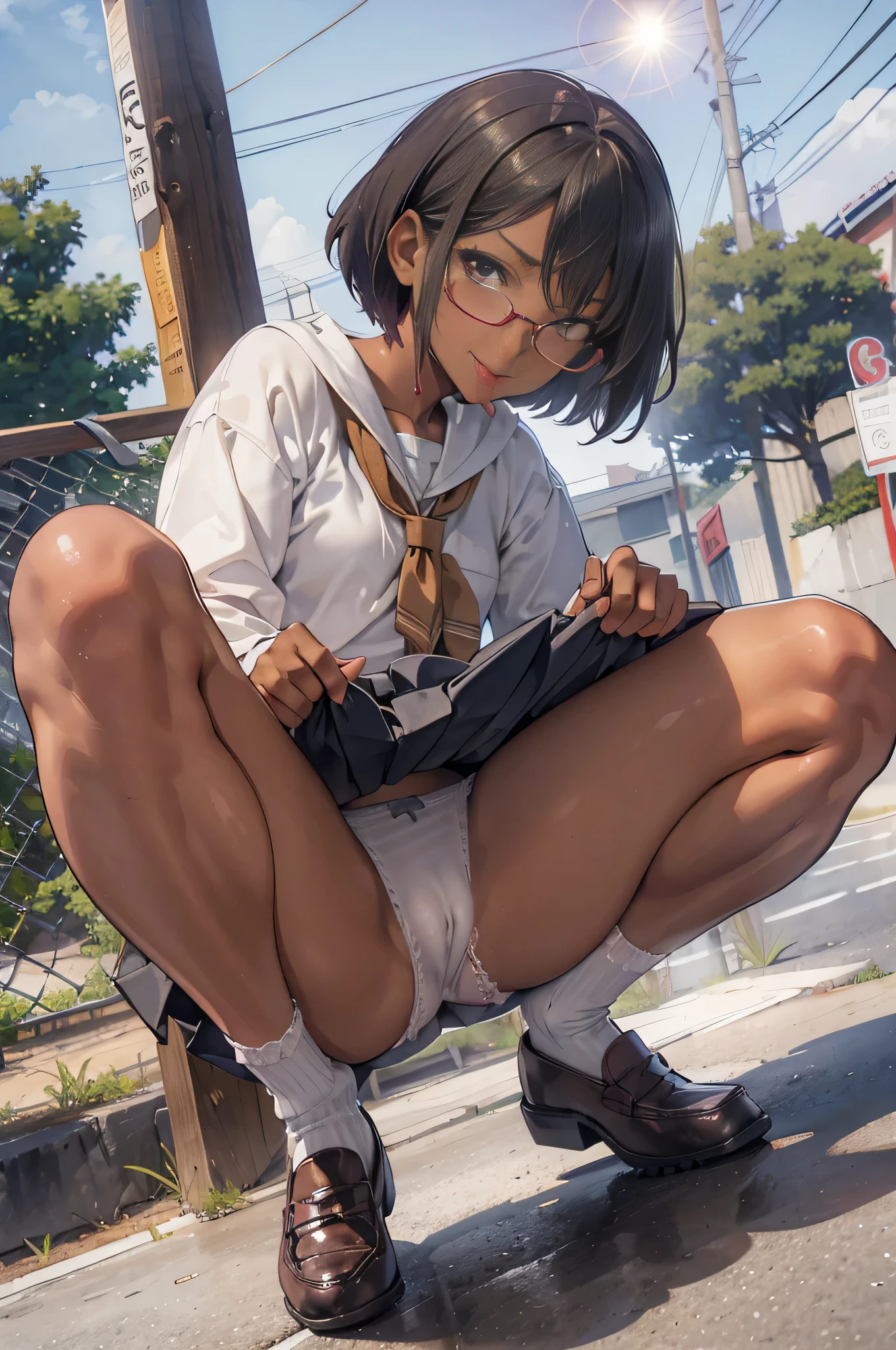 (super flat, flat shading), Honors Type, Really blushing, , high school girl, wearing , Short bob cut brown hair, Glasses, (((sun burn dark skin))), sweaty healthy body, mesugaki smile, (tongue out:1.2), white panties, (cameltoe:1.3), bare legs, loafers, ultra realistic, early morning, skirt lift, (spread legs:1.0), (squatting:1.2), in crowded street, (panty shot:1.5)