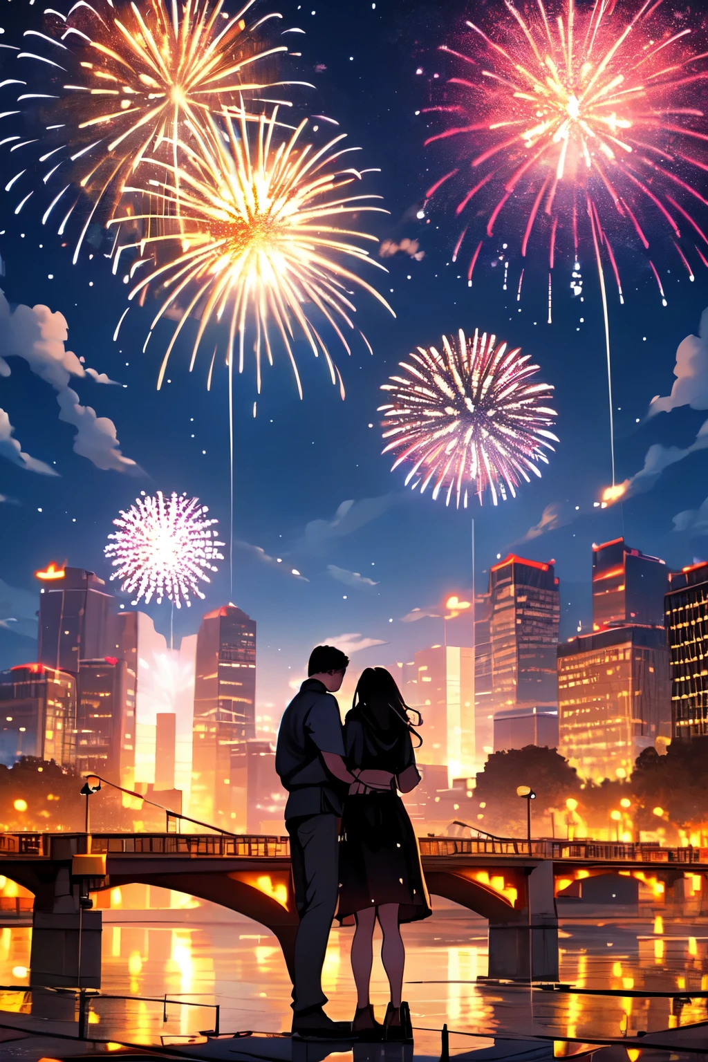 Woman and man standing on the bridge, View from behind, look up to the sky, fireworks, at night, masterpiece, 8k, high resolution, Shallow and deep, Clear focus