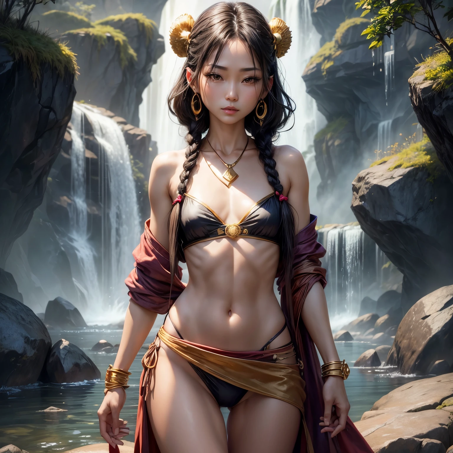 ((small chest, mature:1.4)), beautiful Asian woman, (original, soft lighting:1.2), (realistic:1.3) (mixed Korean), beautiful girl with beautiful details, extremely detailed eyes and face, eyes with beautiful details, absurd, incredibly absurd, huge file size, ultra detail, high resolution, ultra detailed, best quality, masterpiece, illustration, ultra detailed and beautiful, ultra detailed, CG, unity, 8k wallpaper, amazing, fine Detail, masterpiece, top quality, official art, extremely detailed CG unity 8k wallpaper, cinematic lighting, (perfect shiny skin:0.6), slim and smooth lines, (floating),(spread legs:1.1), ,1girl, solo, solo focus, ), black hair, twin braids, ((red loin cloth)), gold headband front, golden necklace on the chest, gold bracelet with gems, (black crop top), Loin Cloth Silk, Background Waterfall