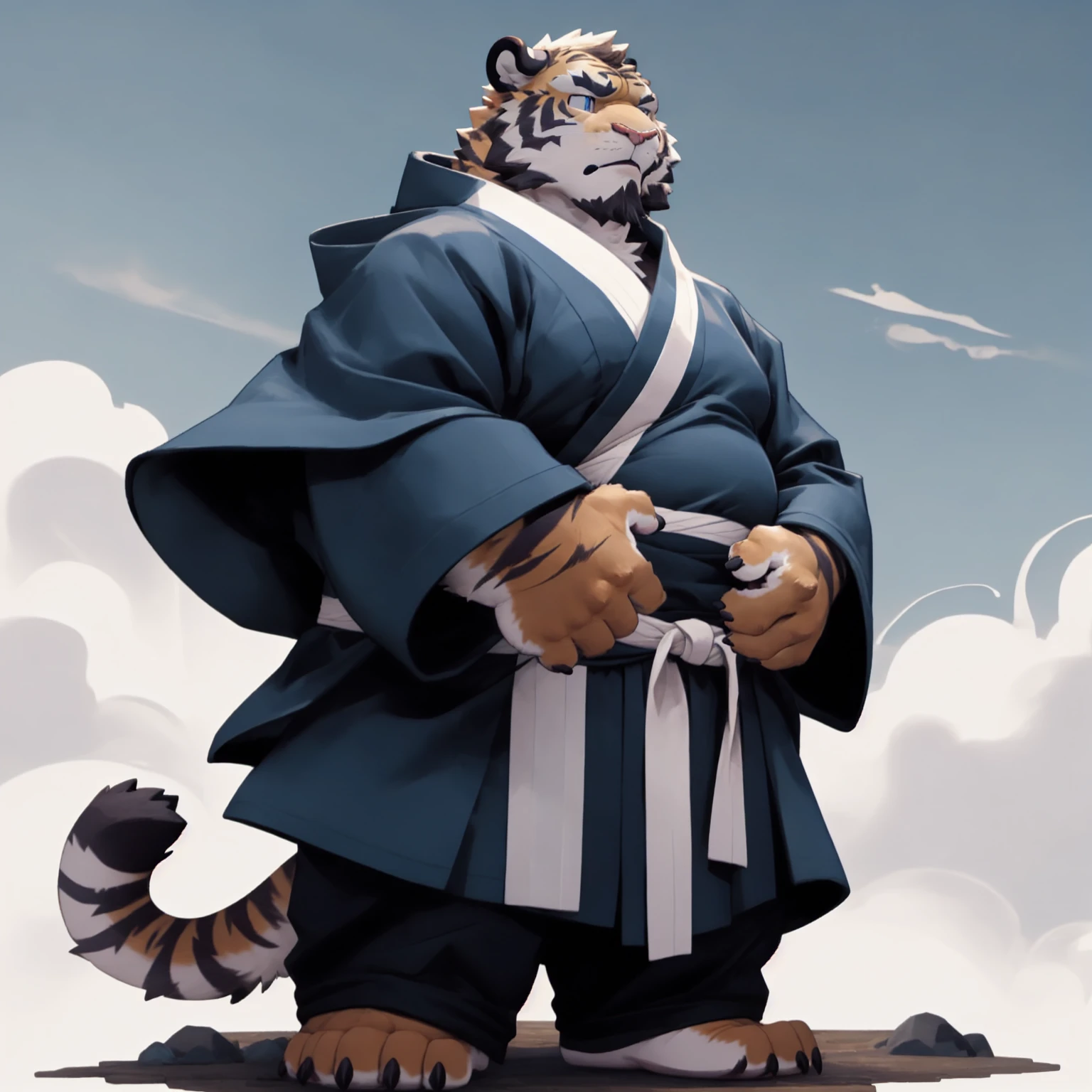 New Jersey 5 Furry,Tiger，portrait，Exquisite， Chubby，Fat，Thick arms，Rugged muscles，plush fur，Chubby脸，Black eyebrows，Sky blue eyes，Beard，Chinese style，Martial Arts，robe，cloak，Pants，Standing，serious，Majestic