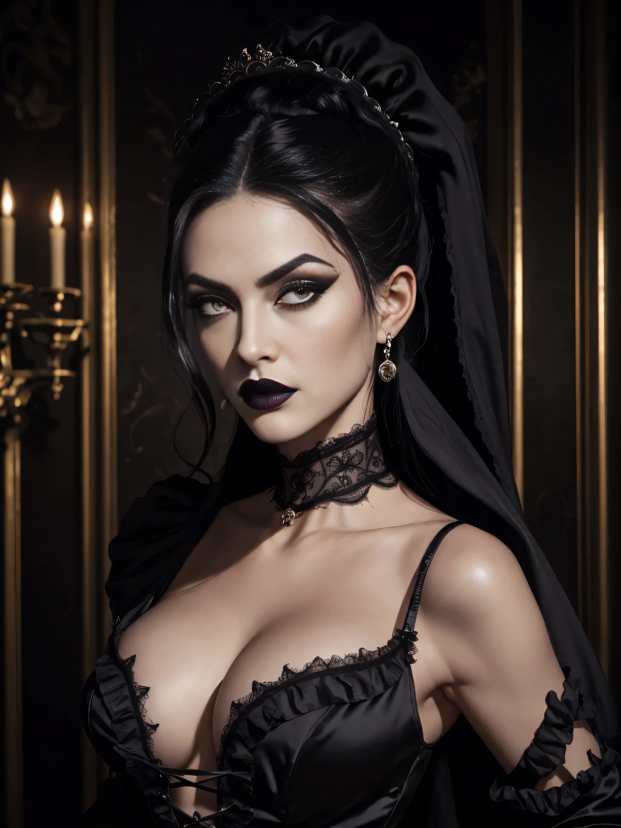 full body dark fantasy art rococo young evil witch, black pinned up hair, black eyes, black lipstick lips, high arched eyebrows, long eyelashes, black low cut lace silk dress, evil defiant gaze, raised eyebrows, in a huge scary rococo castle ultra realistic texture dramatic photorealist