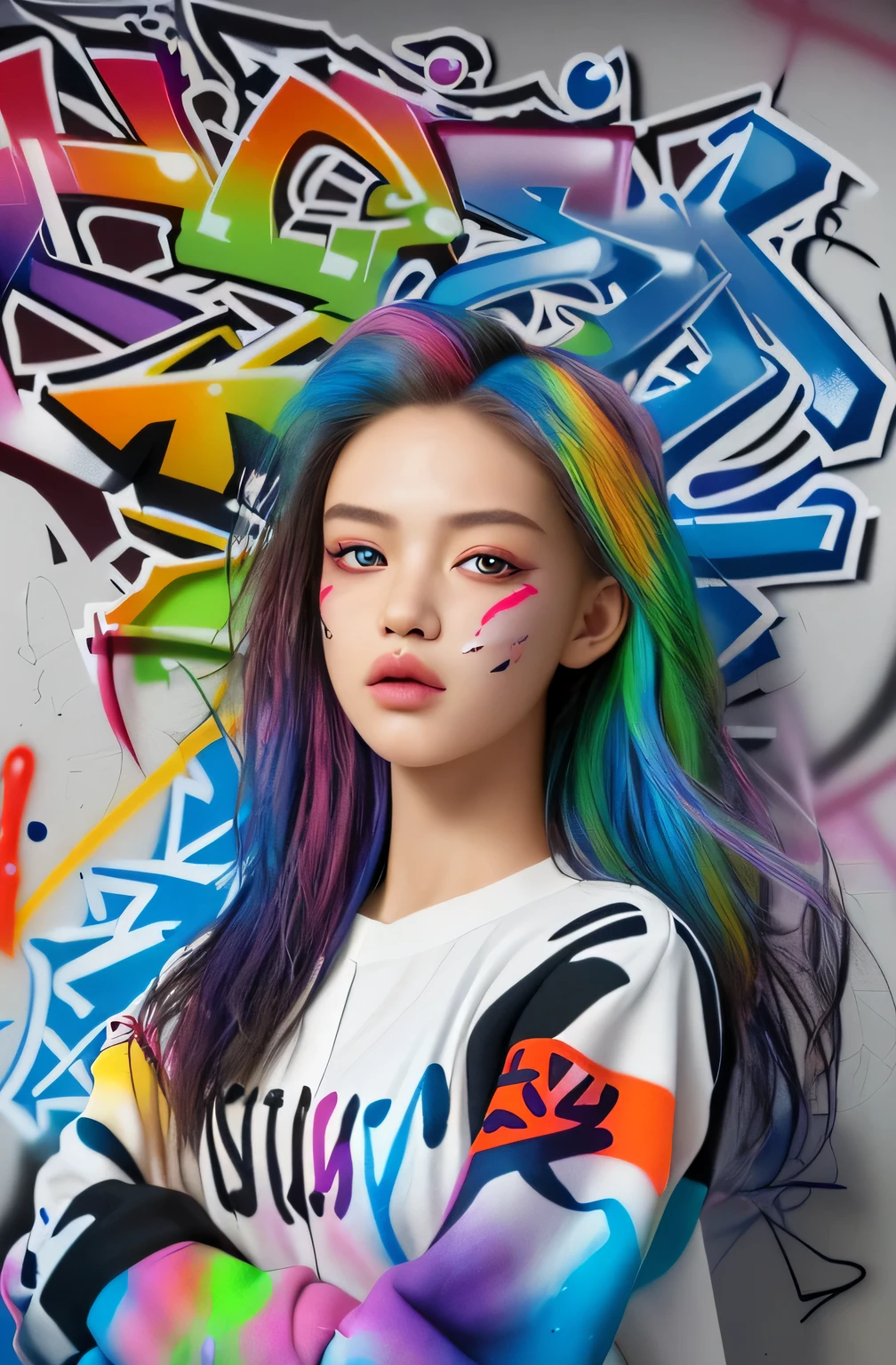 (best quality), masterpiece, extremely detailed CG uniform 8K illustration, high color, extremely high color saturation, all colors deepened, paint, graffiti art, center composition, extremely detailed light and shadow, graffiti wall, wall painted bright, 1 girl graffiti 1 girl looking at the wall, extremely detailed face and eyes, medium length hair, sportswear, colored clouds