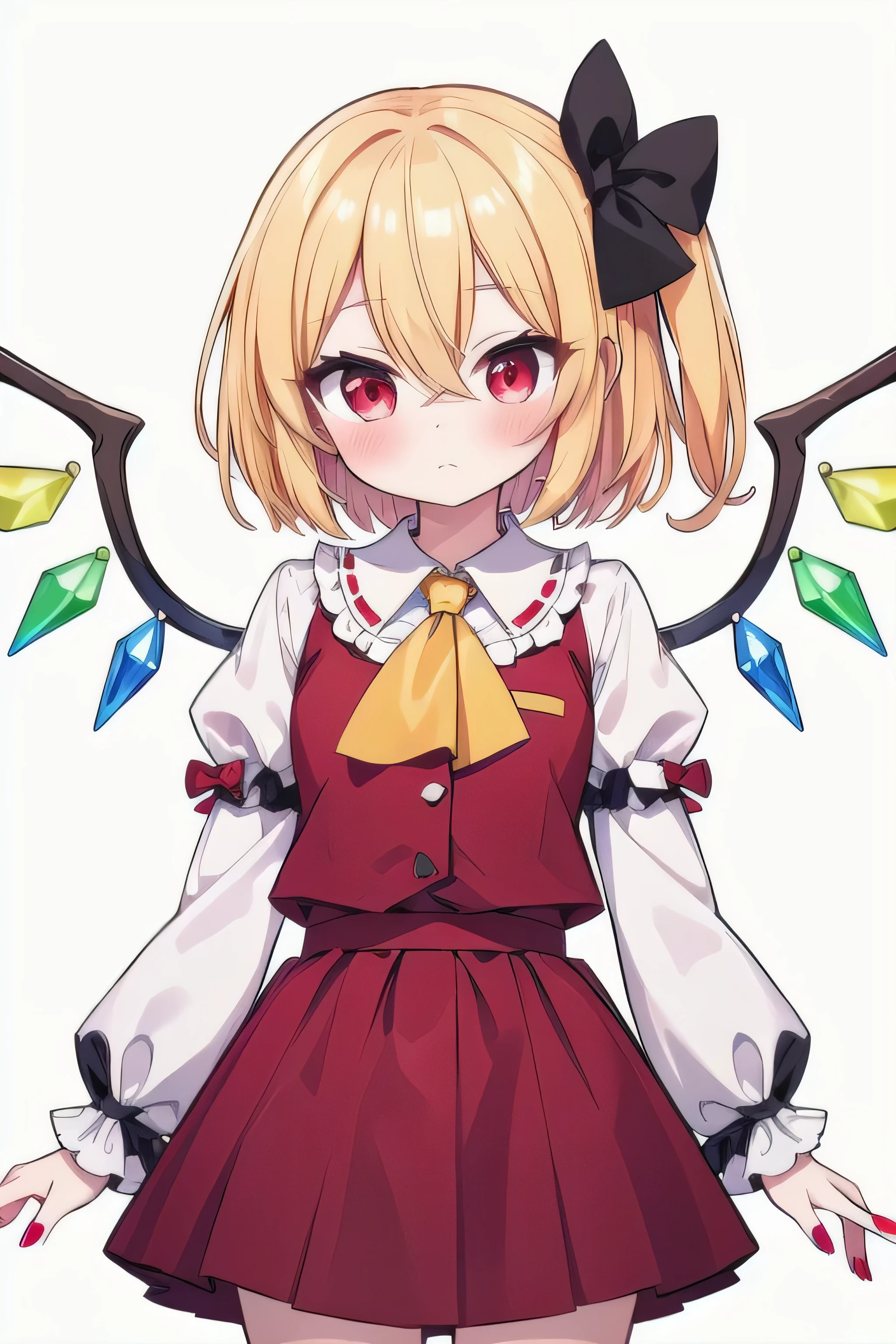 masterpiece, top quality, super detailed, CG illustration, high resolution, better lighting, best shadows, very delicate and beautiful, proper shading, hd, 8k,flandre scarlet, 1girl, solo, looking at viewer, blush, bangs, skirt, blonde hair, shirt, red eyes, long sleeves, bow, hair between eyes, closed mouth, white shirt, hair bow, cowboy shot, wings, puffy sleeves, wide sleeves, nail polish, vest, red bow, ascot, buttons, red skirt, juliet sleeves, adapted costume, no headwear, red nails,  crystal, yellow ascot