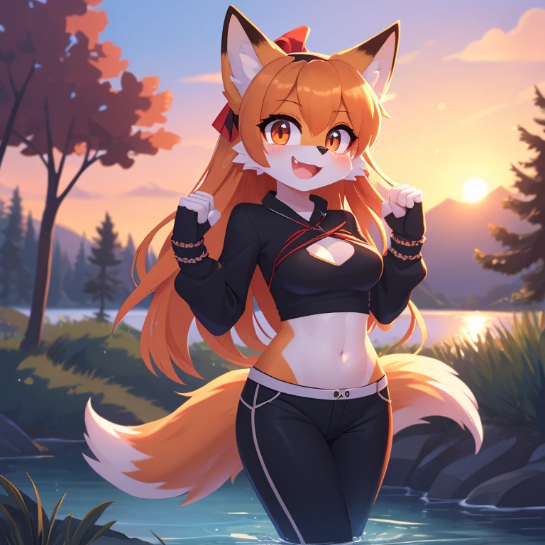 masterpiece, best quality, ultra-detailed, cinematic lighting, beautiful lighting, detailed background, detailed iris, detailed eyes, shading, intricate details, ((sharp, dynamic pose, expressive eyes)), ((4k)), ((2d, 2d art)), digital art, solo, outdoors, 1girl, smile, animal ear fluff, navel, hairband, open mouth, crop top, long hair, animal ears, , tree, furry, blush, clothing cutout, black shirt, shirt, shoulder cutout, fox girl, orange hair, hands up, bangs, cowboy shot, pants, white gloves, animal nose, gloves, fox ears, nature, standing, furry female, happy, water, sunset, looking at viewer, orange fur, forest, long sleeves, ribbon, black pants, black hairband, clenched hands, sky, tail, hair ribbon, fang, midriff, black ribbon, medium breastsail, very long hair, orange eyes, stomach, heart, body fur, river, :3, sidelocks, white fur, shiny, lake, grass, small breasts, scene trim, blonde hair