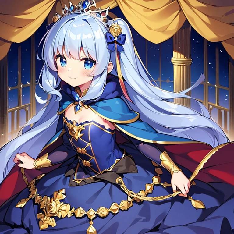 (kawaii),(best quality),(ultra detailed), upper body,(rococo style),(long train deep blue cape:1.15), very long cape,(long train deep blue ball gown with flower decorations:1.05), a girl is wearing a cape over her gown, 1 little princess, tiara, smile, very long hair, small breasts