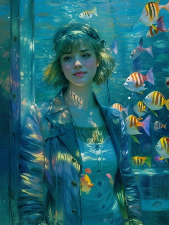 Aquarium with rainbow fish, behind the thick glass of the aquarium there is a girl, Portrait of a 25-year-old girl with long blond hair, dressed in a dress made of light material, the rays of the sun are refracted through the water and shine on the girl's face, fish swim in front of the girl, Bromine art, the image of an epic fantasy character, portrait of a character, fantasy art, works by Richard Schmid, A.Mucha, Volegov, impressionism, your love