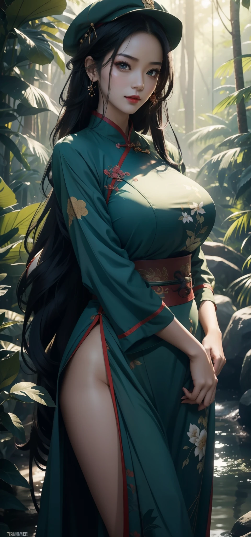 1 female,Big breasts(background:In the woods,Rainforest,In the summer,pool) She has long black hair,,Bob,Straight Hair,Red lips,Standing in the water,Front view, OK, Gloomy sky,(((masterpiece),(Highly detailed CG Unity 8k wallpaper),最OK质量,Light,详细background,beautiful eyes,(Very delicate and beautiful),(Beautiful and detailed description of the eyes),Ultra Detailed,masterpiece,)),face camera,high resolution,Ultra Detailed),Exposing breasts,Exposing genitals, Convex,Camel toe,Sexy bulge,air force(wear:Green flight suit,nude,Military cap,cheongsam)