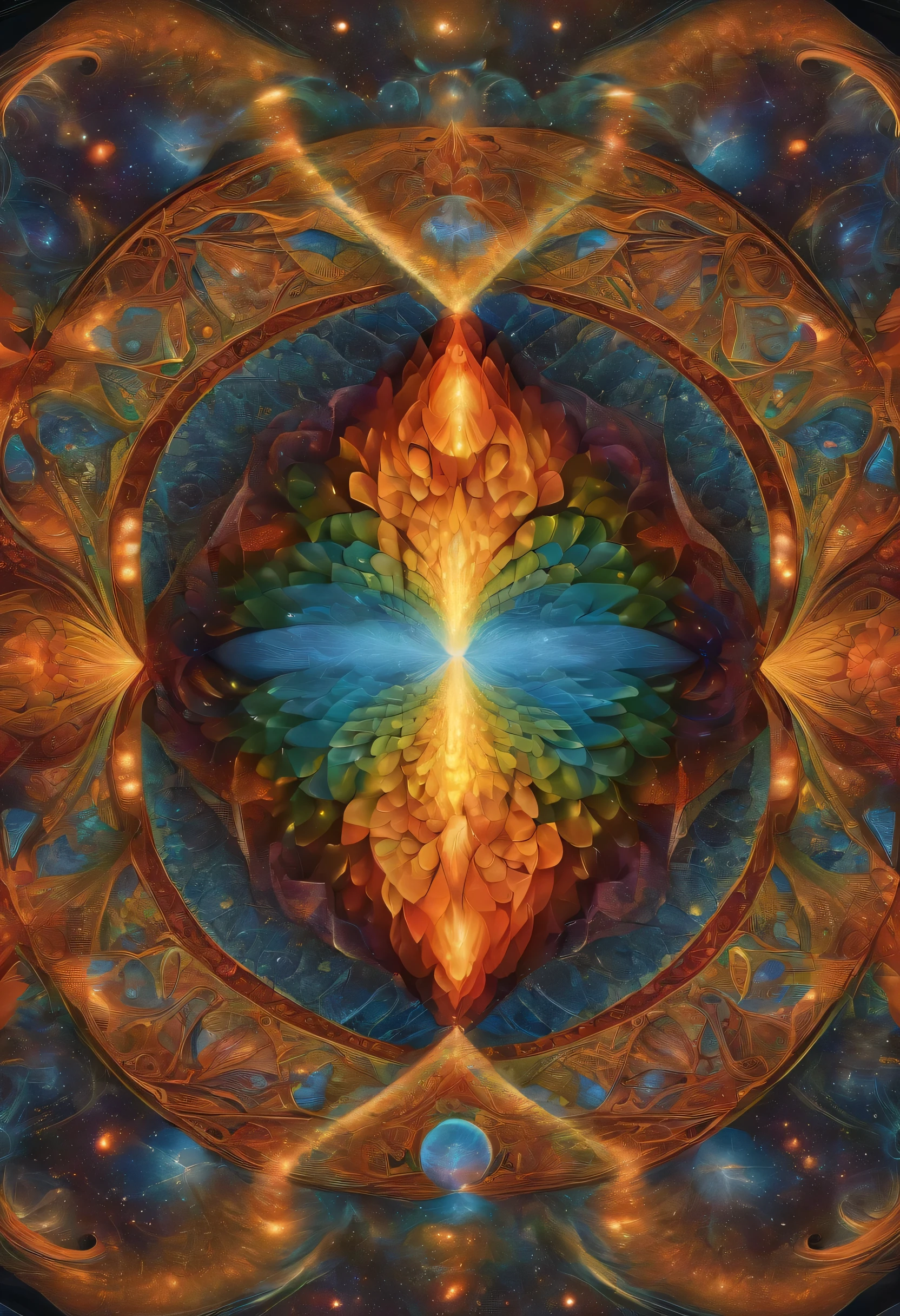 Artistic representation of idealism, illustrating man's comprehension of the eternal nature of existence as an existential goal, colorful, detailed, surreal, metaphysical, mystic, intersubjective, universal, cosmic, symmetry, tessellation, fractal, intricate, human, social