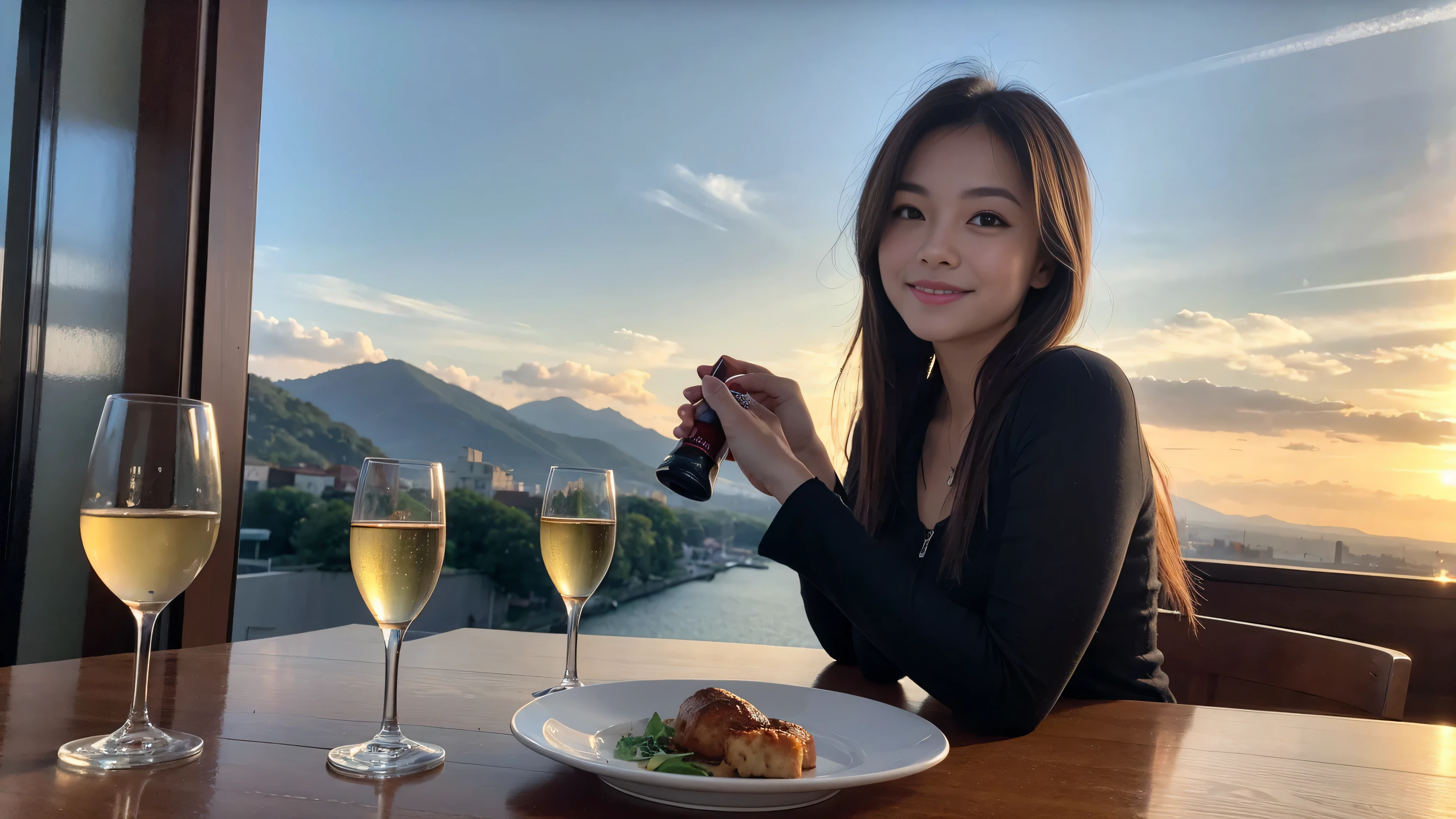 ((highest quality、8k、masterpiece:1.3))、Sharp focus:1.2、Beautiful woman perfect body:1.4、Slim body、((Bob Hale、Straight hair:1.2))、(to be born, highest quality, masterpiece:1.5), (Realistic, Intricate details:1.2), Ultra-high resolution, Put the light on your face、Spectacular view of the sunset sky and clouds、Amazing mountain views、A bright smile、wine glass、red wine 、Appetizer、Italian food、Wine bottle、Champagne、sparkling wine、, Beautiful Face, blue eyes, The light shines on your face, Blushing, short hair,Bright Face、Fox face、 (42 years old), 40 years old, Lady、Two beauties、Brown Hair、Shortcuts、Long sleeve shirt、dress、Pretty Woman 1, (slim face), (The body is slim), (Brown Hair), (Shortcuts), cheeks turn a little red,Attractive beauty、, Out of the window, A beautiful and detailed night view unfolds.........., restaurant, In a prominent place (From the waist up) Nova Frog Style, actress, model, Upper Body, White wine, slim, wine glass, A wine glass placed in the middle, smile, (smile: 1.15), Beautiful fine grain, Depth f/2,saturation, High Contrast, Strong light and shadow,Moist Body:1.5、3D texture、Delicate eyes、Brown Hair、The hair is very shiny、
