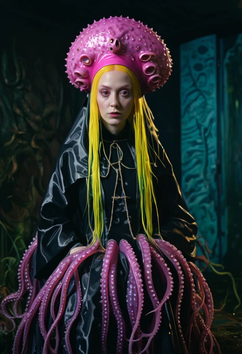 8K, ARTISTIC photogrAphy, best quAlity, mAsterpiece: 1.2), A (potrAit:1.2) witch BLOOD Toon Doll Cthulhu nun QUEEN, EYES, PINK many octopus style tentacles, full body RAW candid cinema, yellow hair, 16mm, color graded portra 400 film, remarkable color, ultra realistic, sad admosphere, dark lighting, oppressive atmosphere, depressive colors, kodak portra 400, photograph,r, Natural Light, Pinhead lighgts, blur reflection, Brush Strokes, Smooth, abstract, Splatter, Oil On Canvas, rainbow colors, fractal isometrics details bioluminescens : a stunning realistic photograph of wet bone structure, 3d render, octane render, intricately detailed, titanium decorative headdress, cinematic, trending on artstation | Isometric | Centered