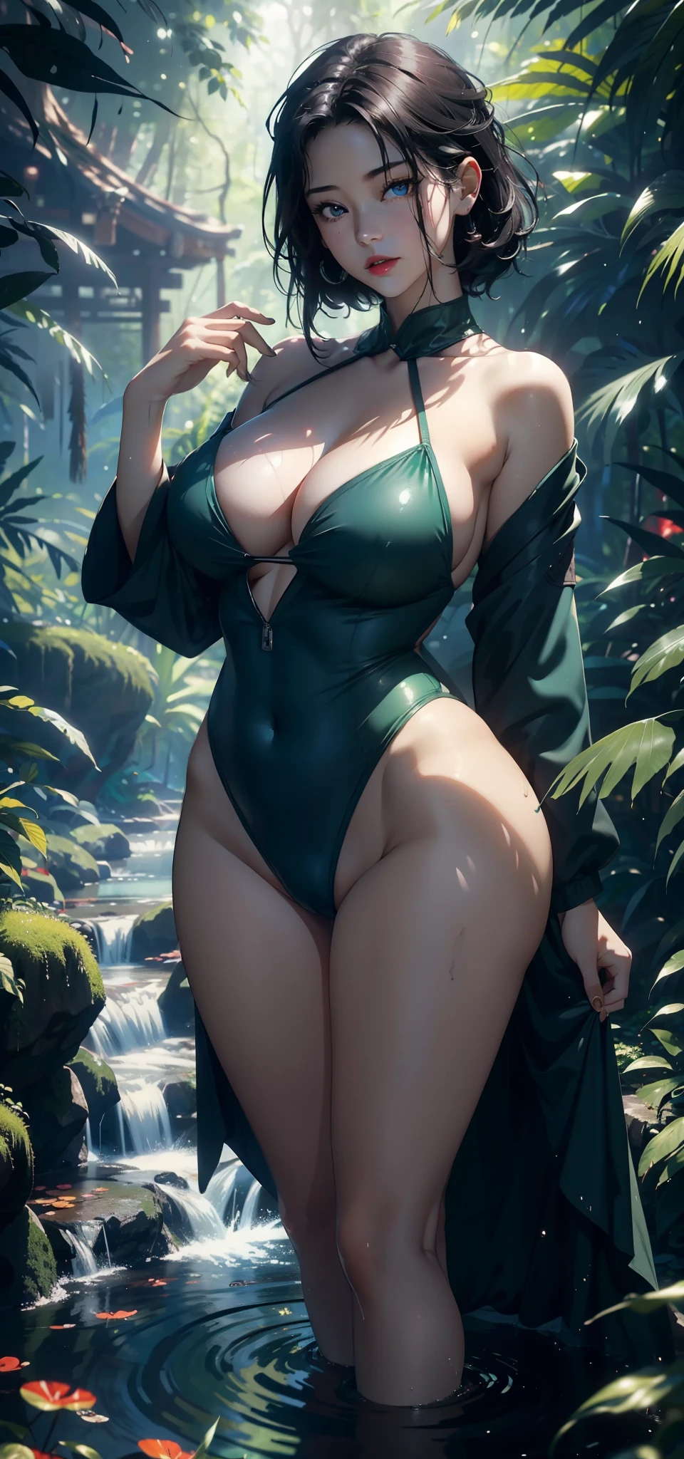 1 female,Big breasts(background:In the woods,Rainforest,In the summer,pool) She has short black hair,,Bob,Straight Hair,Red lips,Standing in the water,Front view, OK, Gloomy sky,(((masterpiece),(Highly detailed CG Unity 8k wallpaper),最OK质量,Light,详细background,beautiful eyes,(Very delicate and beautiful),(Beautiful and detailed description of the eyes),Ultra Detailed,masterpiece,)),face camera,high resolution,Ultra Detailed),Exposing breasts,Exposing genitals, Convex,Camel toe,Sexy bulge,air force(wear:Green flight suit,nude)