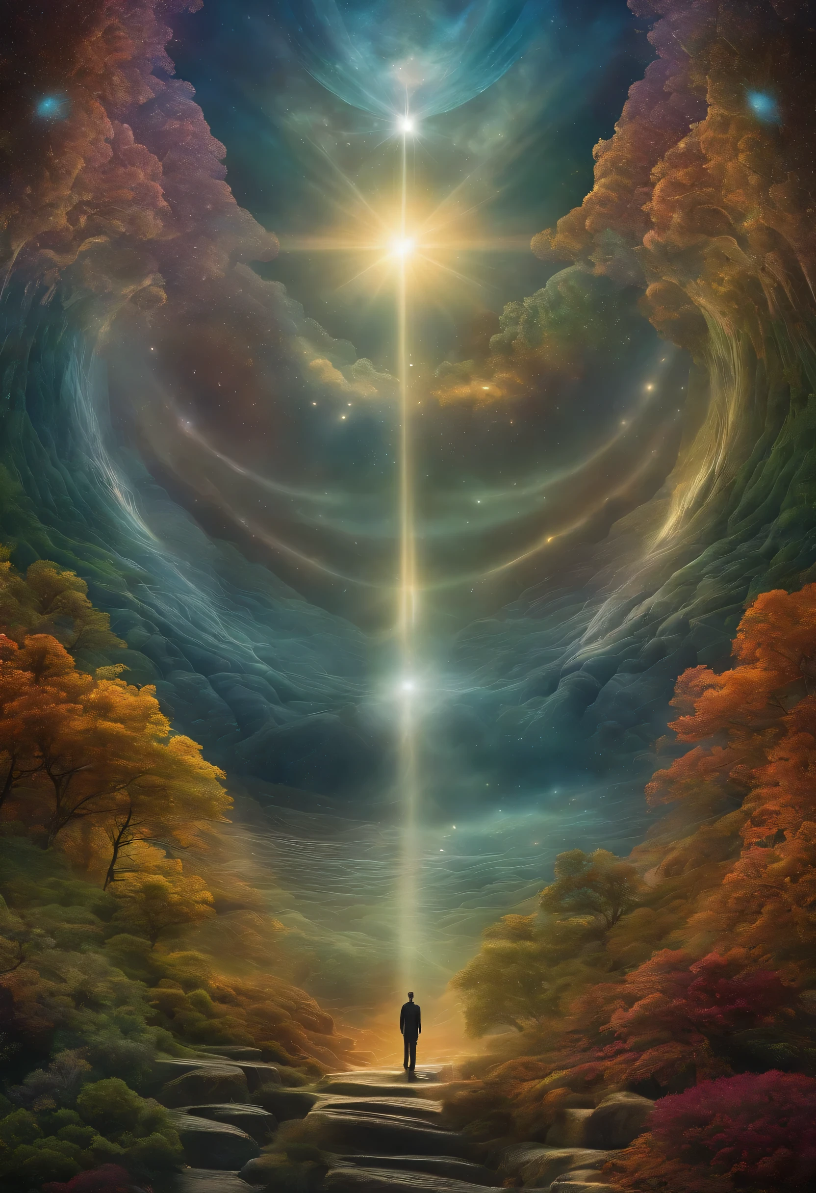 Artistic representation of idealism, illustrating man's comprehension of the eternal nature of existence as an existential goal, colorful, detailed, surreal, metaphysical, mystic, intersubjective, universal, cosmic, symmetry, tessellation, fractal, intricate, human, social