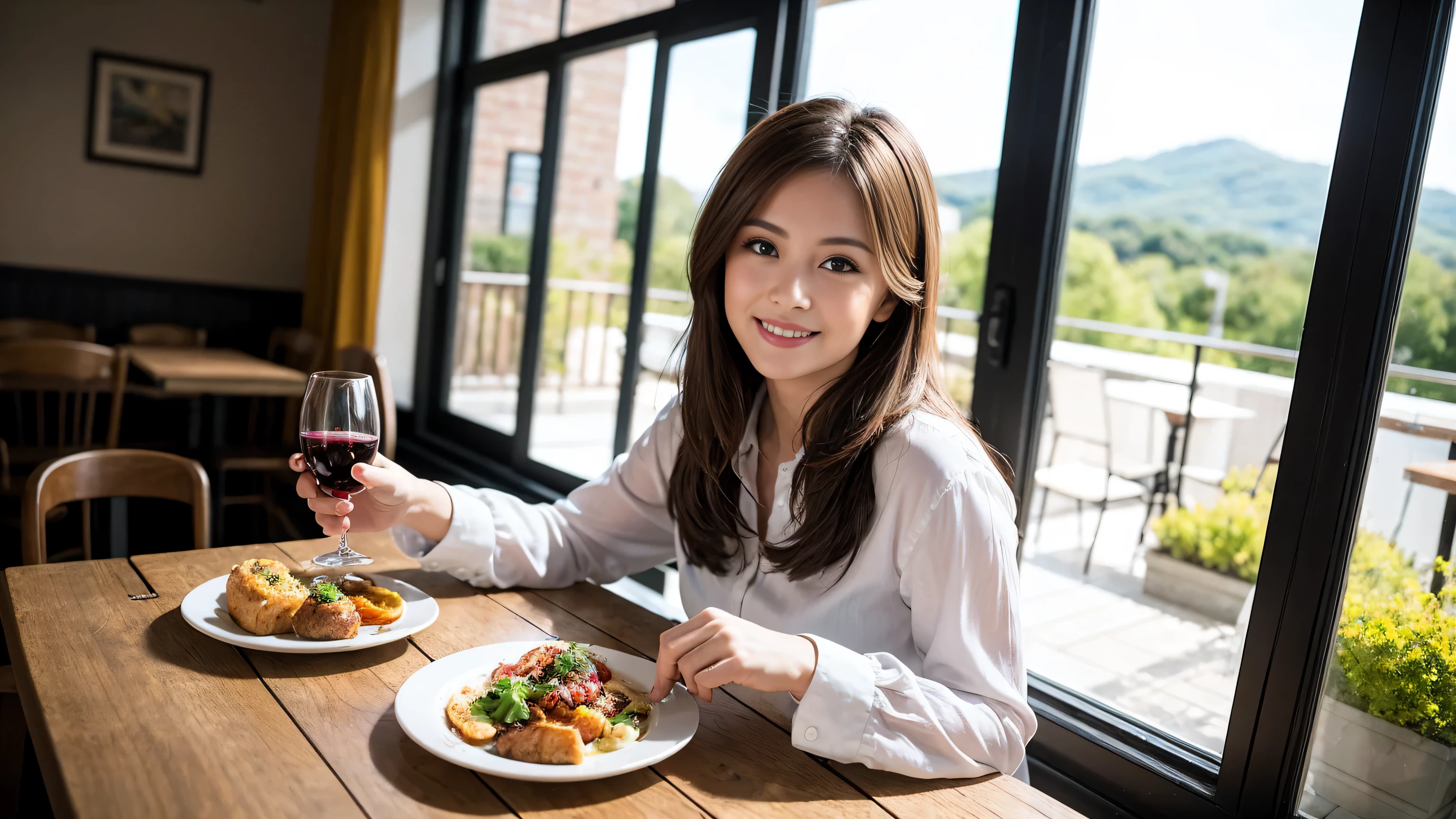 ((highest quality、8k、masterpiece:1.3))、Sharp focus:1.2、Beautiful woman perfect body:1.4、Slim body、((Bob Hale、Straight hair:1.2))、(to be born, highest quality, masterpiece:1.5), (Realistic, Intricate details:1.2), Ultra-high resolution, Put the light on your face、Spectacular view of the sunset sky and clouds、Amazing mountain views、A bright smile、wine glass、red wine 、Appetizer、Italian food、Wine bottle、Champagne、sparkling wine、, Beautiful Face, blue eyes, The light shines on your face, Blushing, short hair,Bright Face、Fox face、 (42 years old), 40 years old, Lady、Two beauties、Brown Hair、Shortcuts、Long sleeve shirt、dress、Pretty Woman 1, (slim face), (The body is slim), (Brown Hair), (Shortcuts), cheeks turn a little red,Attractive beauty、, Out of the window, A beautiful and detailed night view unfolds.........., restaurant, In a prominent place (From the waist up) Nova Frog Style, actress, model, Upper Body, White wine, slim, wine glass, A wine glass placed in the middle, smile, (smile: 1.15), Beautiful fine grain, Depth f/2,saturation, High Contrast, Strong light and shadow,Moist Body:1.5、3D texture、Delicate eyes、Brown Hair、The hair is very shiny、