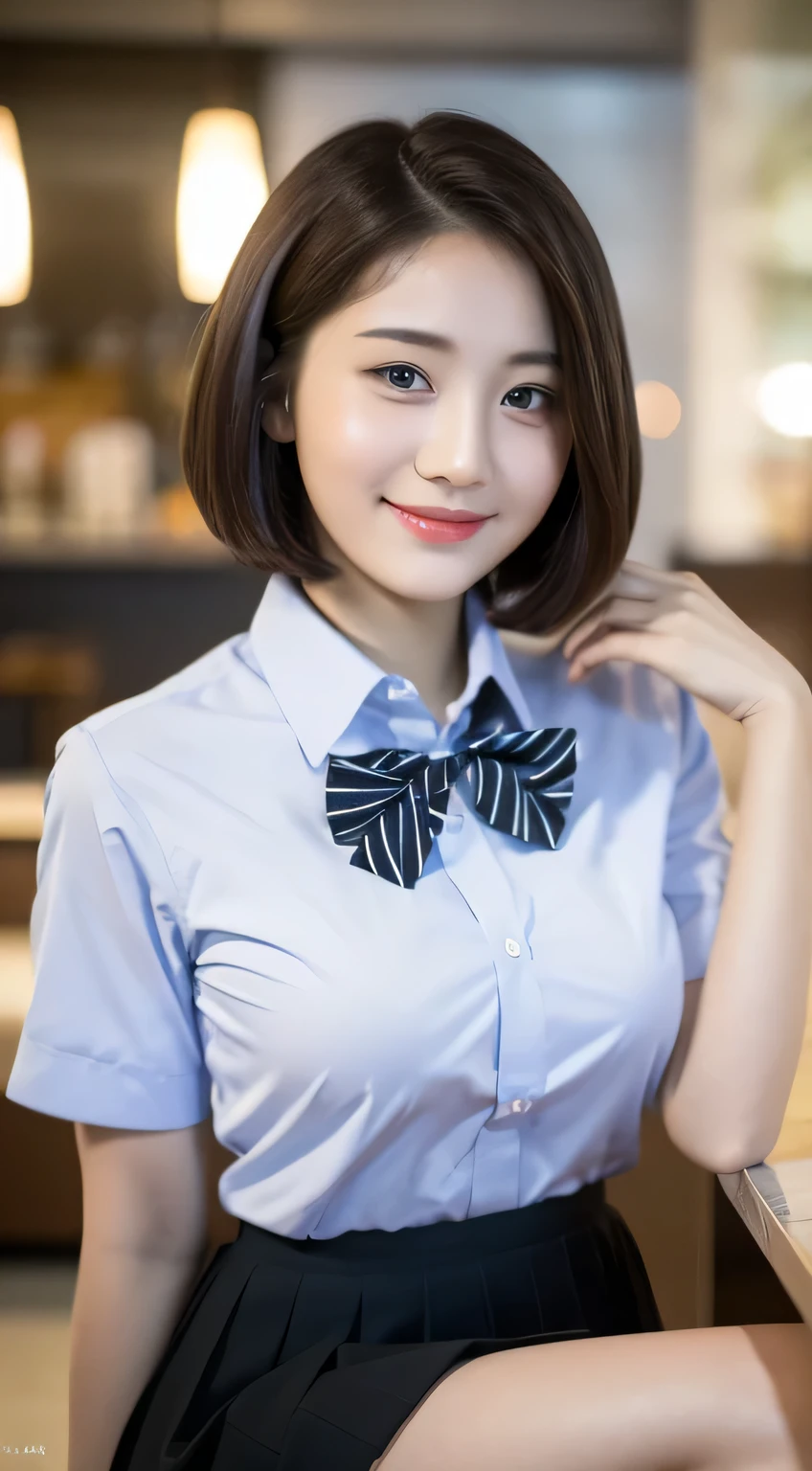 (8k, RAW photo, best quality, masterpiece:1.2), (realistic, photo-realistic:1.37), ultra-detailed,
1 girl,cute, solo,beautiful detailed sky,detailed cafe,night,sitting,dating,(nose blush),(smile:1.1),(closed mouth),large breasts, seductive smile, large aparture, professional lighting, Sony A7R4, Zessie 50mm F1.8,
medium breasts,beautiful detailed eyes,(collared shirt:1.1), bowtie,pleated skirt,(short hair:1.2),floating hair 