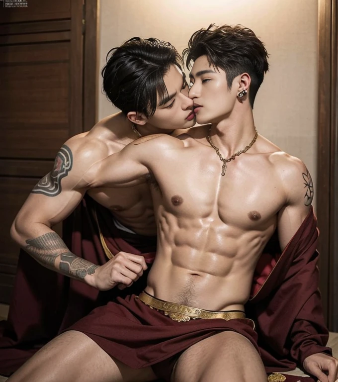 Two  handsome boys kissing, smiling at each other,hugging, kissing, touching lips, cuddle, romantic,skin ship, Chinese Men God, Mythology, realistic, Chinese odyssy, super Handsome,manly,  kpop idol, handsome korean actor, 20 years old,, detailed face, manly jawline, detailed mess curly styling hair,  Topless, Muscles, big breast Athlete body, Full Frame,full body shoots, Sexy, realistic, human skin, tattoo breast, Professional studio Lighting, long red tibet wedding Outfit, jade and golden pendent all over , detailed jewery in dress, earings,Chinese ancient wedding Background,out door, super detailed background,look at camera ,  open mouth, sexy Underneathe Underwear, tibet Warrior, Hanfu  red wedding dress,  tibet Male, tibet Nobel, Seduce , bare chest , tattoo chest, tattoo arms, tattoo hands, tattoo back, tattoo legs , big juicy butts.