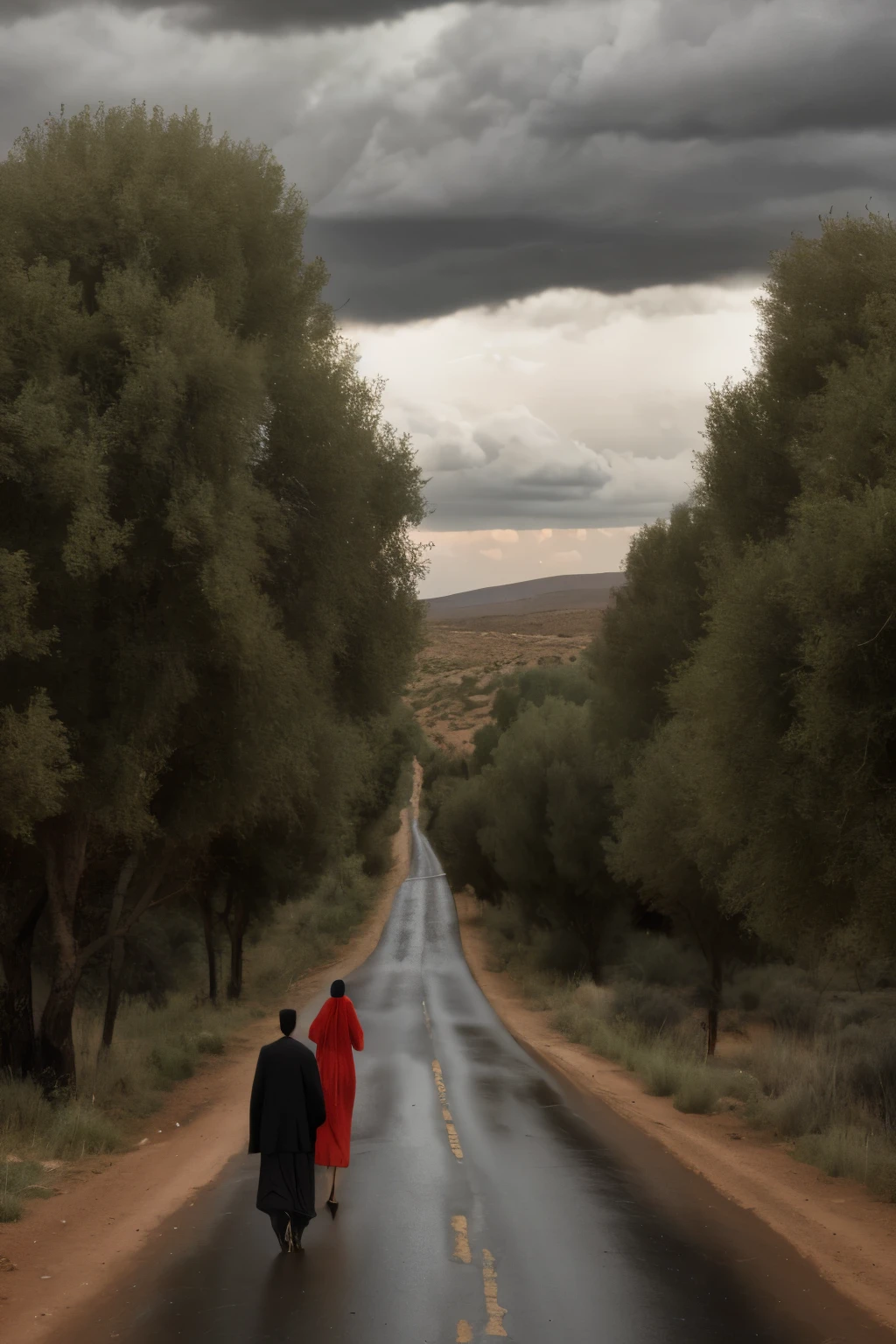 A young moroccan traditional couple facing hard country road with scarry weather and fire on country side, trees and river and dark clouds