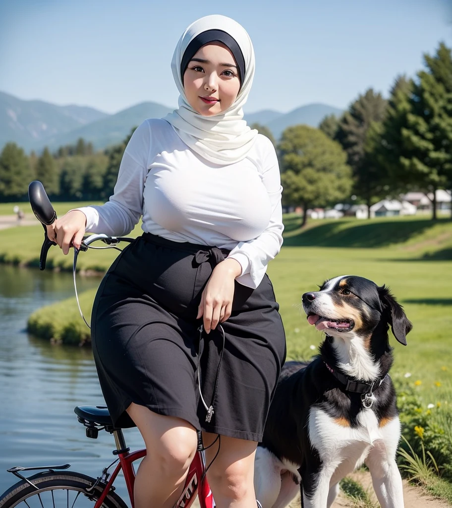 Hijab girl, big breasts, plump fat body, riding bicycle at lake with dogs