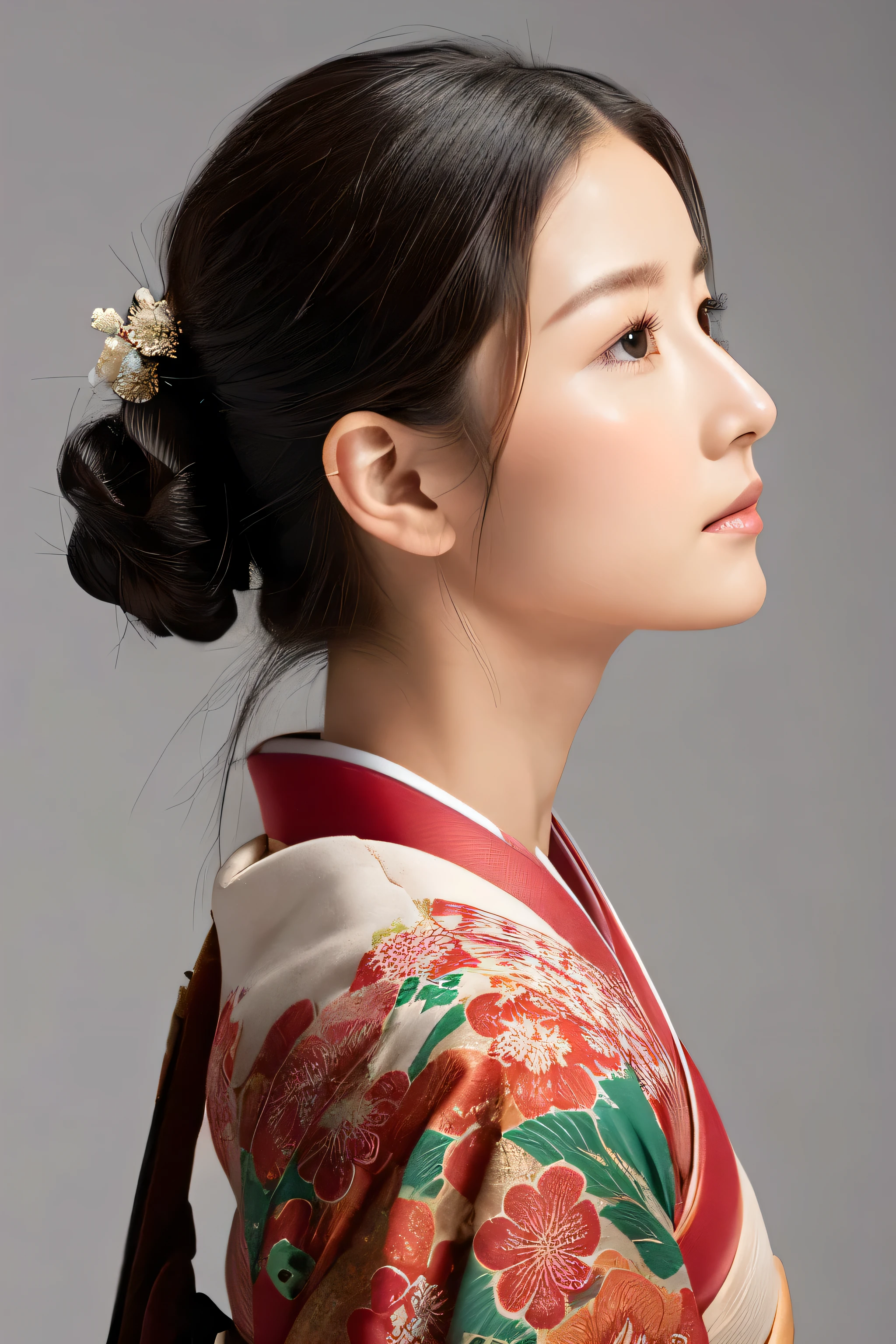 Antique kimono. Body and face posed facing in opposite directions. Relax your eyes and mouth and look at the sternocleidomastoid muscle