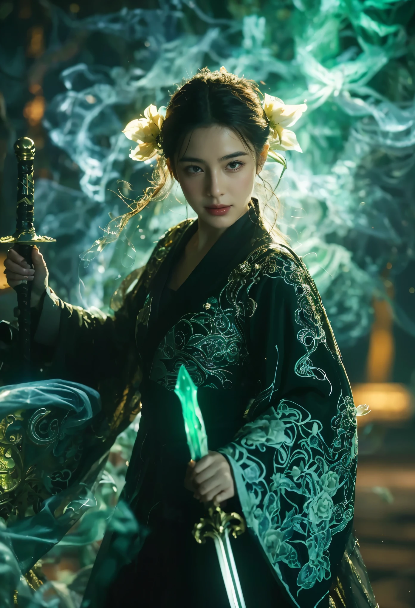 upperbody Photography of female swordman,atomically correct,Raw, cinematic shot, (sharp focus:1.5), (photorealistic:1.4), twilight lighting, volumetric lighting, ultra high res, 16K,dramatic lighting, abstract backgrounds:1.5),Glowing sword,(Fighting posture),Hold the hilt of a sword in your hand,1sword,solo,(zentangle,datura,Tangles,entangled:0.7) , depth of field, Fantastical Atmosphere, The most beautiful form of chaos, ellegance, Dark theme of Fauvist design, Flower of Death, Flowers of ecstasy,Glowing Line,Glow Example,Tracking example,flash, Backlight,translucent,light particles,jade,xianxia