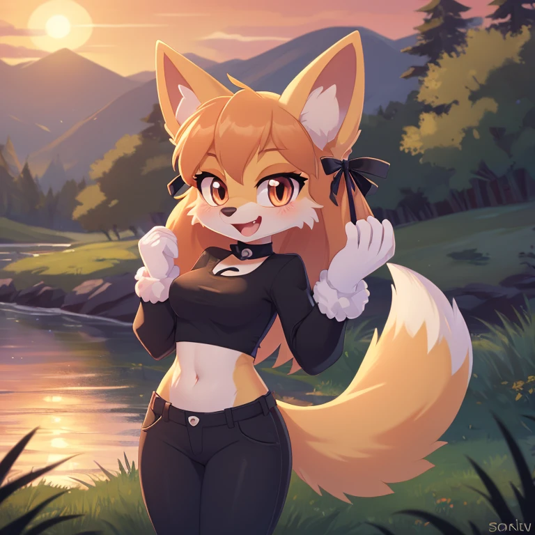 masterpiece, best quality, ultra-detailed, cinematic lighting, beautiful lighting, detailed background, detailed iris, detailed eyes, shading, intricate details, ((sharp, dynamic pose, expressive eyes)), ((4k)), ((2d, 2d art)), digital art, solo, outdoors, 1girl, smile, animal ear fluff, navel, hairband, open mouth, crop top, long hair, animal ears, breasts, tree, furry, blush, clothing cutout, black shirt, shirt, shoulder cutout, fox girl, orange hair, hands up, bangs, cowboy shot, pants, white gloves, animal nose, gloves, fox ears, nature, standing, furry female, happy, water, sunset, looking at viewer, orange fur, forest, long sleeves, ribbon, black pants, black hairband, clenched hands, sky, tail, hair ribbon, fang, midriff, black ribbon, medium breasts, fox tail, very long hair, orange eyes, stomach, heart, body fur, river, :3, sidelocks, white fur, shiny, lake, grass, small breasts, scenery, fur trim, blonde hair