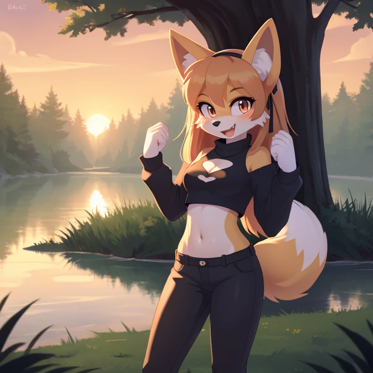 masterpiece, best quality, ultra-detailed, cinematic lighting, beautiful lighting, detailed background, detailed iris, detailed eyes, shading, intricate details, ((sharp, dynamic pose, expressive eyes)), ((4k)), ((2d, 2d art)), digital art, solo, outdoors, 1girl, smile, animal ear fluff, navel, hairband, open mouth, crop top, long hair, animal ears, breasts, tree, furry, blush, clothing cutout, black shirt, shirt, shoulder cutout, fox girl, orange hair, hands up, bangs, cowboy shot, pants, white gloves, animal nose, gloves, fox ears, nature, standing, furry female, happy, water, sunset, looking at viewer, orange fur, forest, long sleeves, ribbon, black pants, black hairband, clenched hands, sky, tail, hair ribbon, fang, midriff, black ribbon, medium breasts, fox tail, very long hair, orange eyes, stomach, heart, body fur, river, :3, sidelocks, white fur, shiny, lake, grass, small breasts, scenery, fur trim, blonde hair