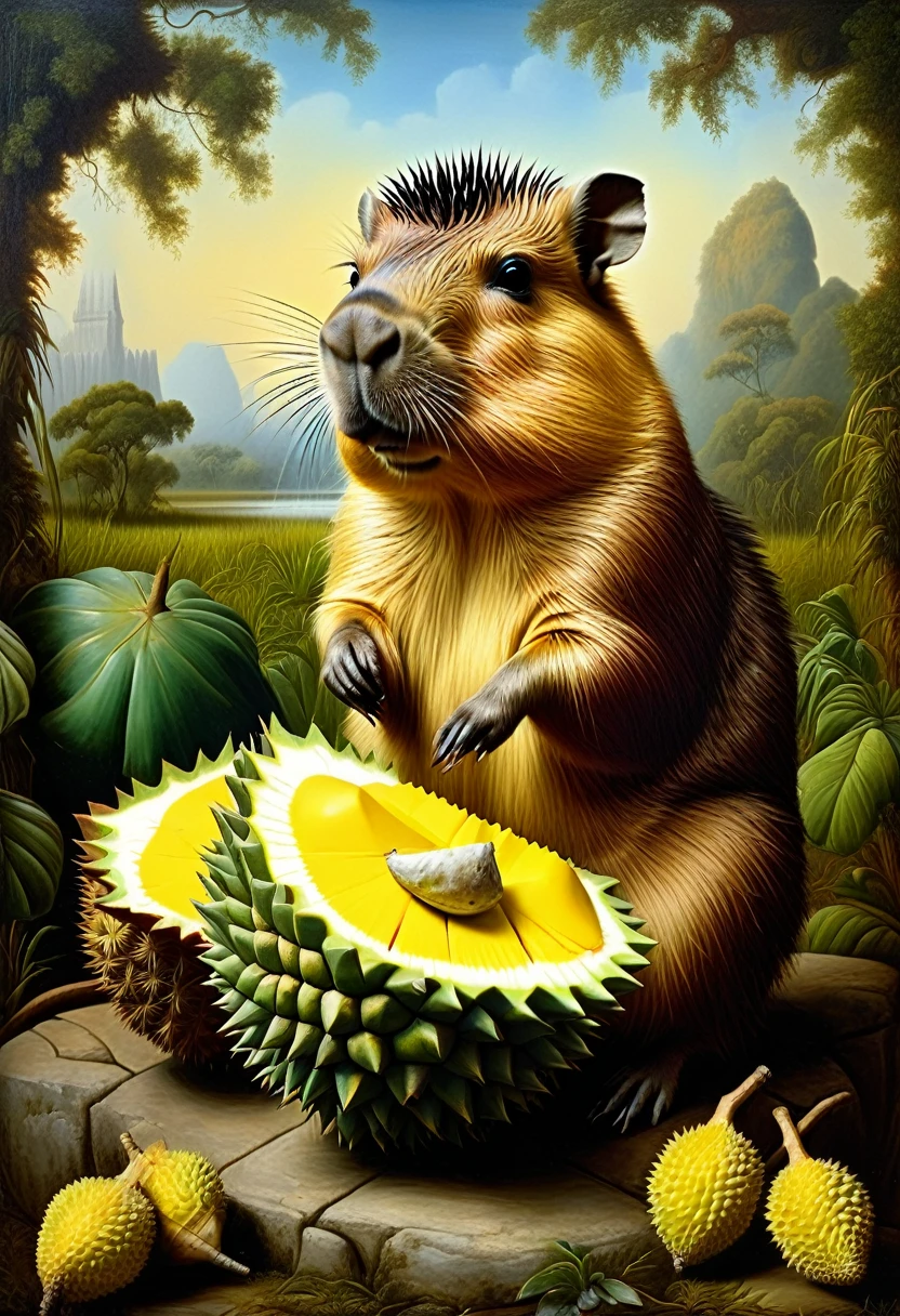 surreal illustration by Kevin Sloan, oil painting, "Capybara with durian, against the background of Renaissance wildlife
((Kevin Sloan style)) ,((Hyper-realistic)), Kevin Sloan gradient, Complex details, Intricate, aesthetics, ((best quality, Masterpiece)),
((Highest detail), Octane rendering, hd, f/2.8, 8K