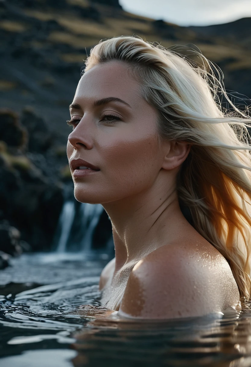 A serene scene unfolds in the Icelandic wilderness, as a voluptuous woman (blonde hair 35 years old "Ingrid Mueller") luxuriates in the soothing embrace of a natural hot spring. The steam rises gently around her, mingling with the crisp air of the Nordic landscape. Shot in a cinematic 4:5 aspect ratio, this image captures the intimacy of the moment, highlighting the woman's confidence and comfort in her own skin. The soft, diffused lighting accentuates the contours of her figure, while the surrounding wilderness adds a touch of rugged beauty to the scene. Shot with a Canon EOS R5 camera, the image is rendered in stunning 8k Ultra HD resolution, preserving every detail of this tranquil moment in nature.