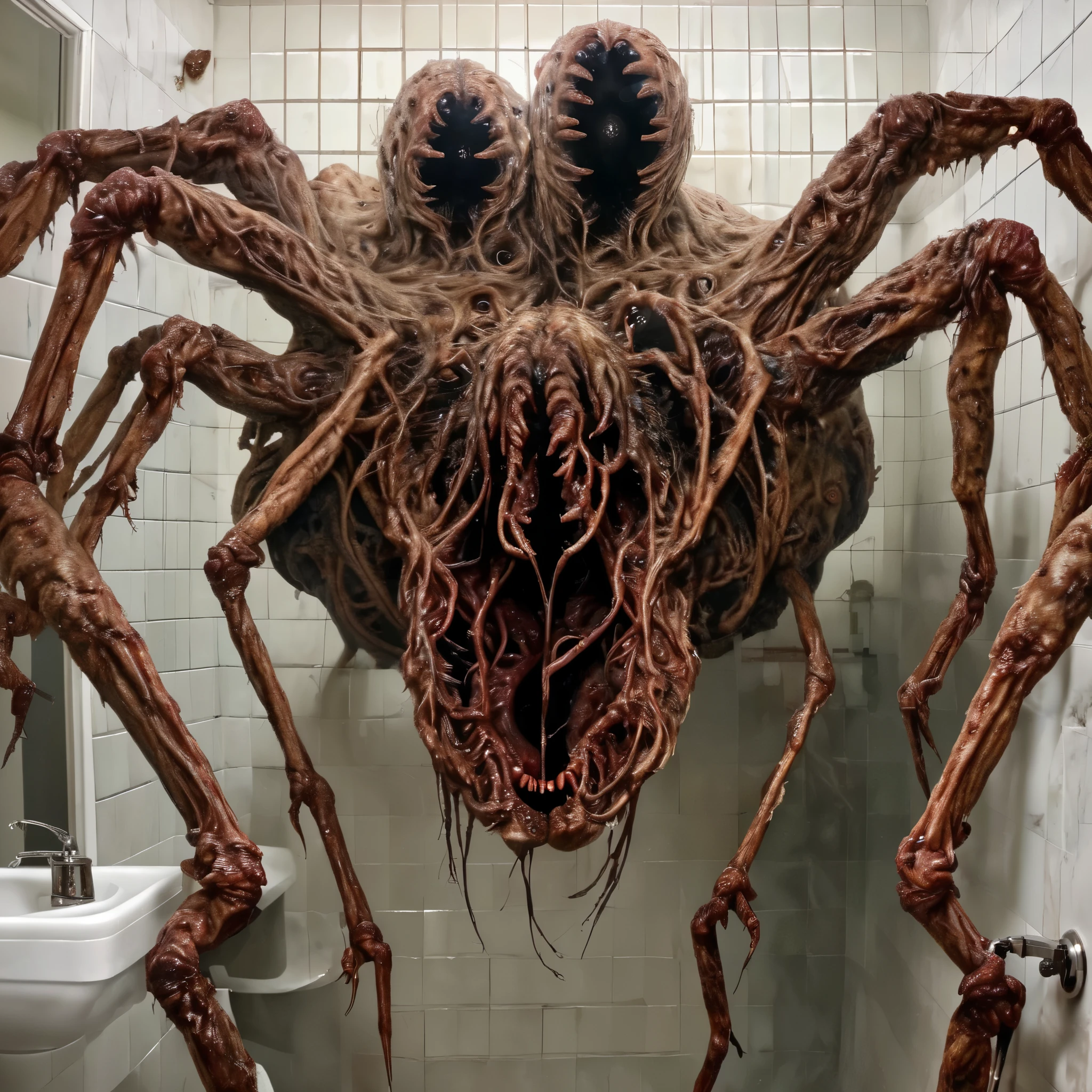 realistic photo of a huge ab0m monster spider ((in the bathroom)), terrifying, scary many eyes,detailed