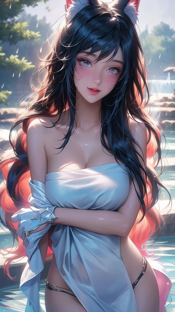 1 girl, solitary:1.2, (18 years old:1.2), Cute little trumpet, entity, Sweating of the skin, glowing skin, Slim, (Dull bangs: 1.2), Smile, Cute face, Exquisite eyes,, ((naked,Wrapped in a towel)), ((hot spring)), Beautiful breasts、Huge breasts:1.4,plump breasts(Not wearing), (wet), (Bend and take off), ((wet hair)), (Cross your arms behind your head), (Legs open),view, Looking at the camera, best quality,Super detailed, high resolution, Extremely detailed CG, Unity 8K wallpaper, official art, Creative arts, Novel Illustrations, by famous artist, Caustic lines, Textile shading, Super delicate skin, Perfect anatomical structure, detailed, Movie Lighting, Dynamic Lighting, 美丽而Exquisite eyes, (top quality), (Super detailed), (Masseter membrane), (high resolution), (The original), Character Conception, Game CG, detailed Manga Illustration, Realistic head to body proportions:1.2
