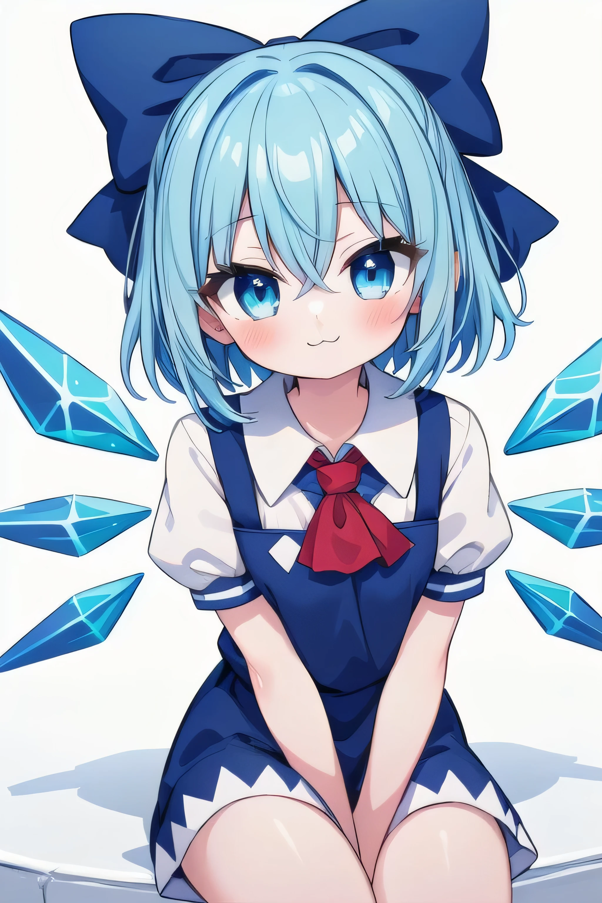 masterpiece, top quality, super detailed, CG illustration, high resolution, better lighting, best shadows, very delicate and beautiful, proper shading, hd, 8k,cirno, 1girl, solo, looking at viewer, blush, smile, short hair, bangs, blue eyes, simple background, shirt, white background, dress, bow, hair between eyes, sitting, closed mouth, blue hair, white shirt, short sleeves, hair bow, wings, puffy sleeves, collared shirt, puffy short sleeves, ascot, :3, blue dress, blue bow, ice, ice wings, red ascot