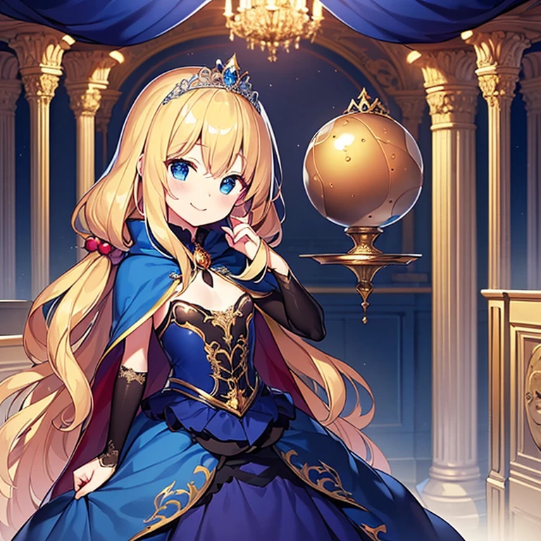 (kawaii),(best quality),(ultra detailed), upper body,(rococo style),(long train deep blue cape:1.15), very long cape,(long train deep blue ball gown with flower decorations:1.05), a girl is wearing a cape over her gown, 1 little princess, tiara, smile, very long hair, small breasts