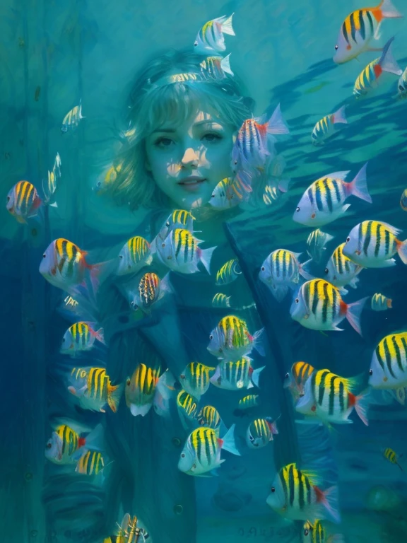 Aquarium with rainbow fish, behind the thick glass of the aquarium there is a girl, Portrait of a 25-year-old girl with long blond hair, dressed in a dress made of light material, the rays of the sun are refracted through the water and shine on the girl's face, fish swim in front of the girl, Bromine art, the image of an epic fantasy character, portrait of a character, fantasy art, works by Richard Schmid, A.Mucha, Volegov, impressionism, your love