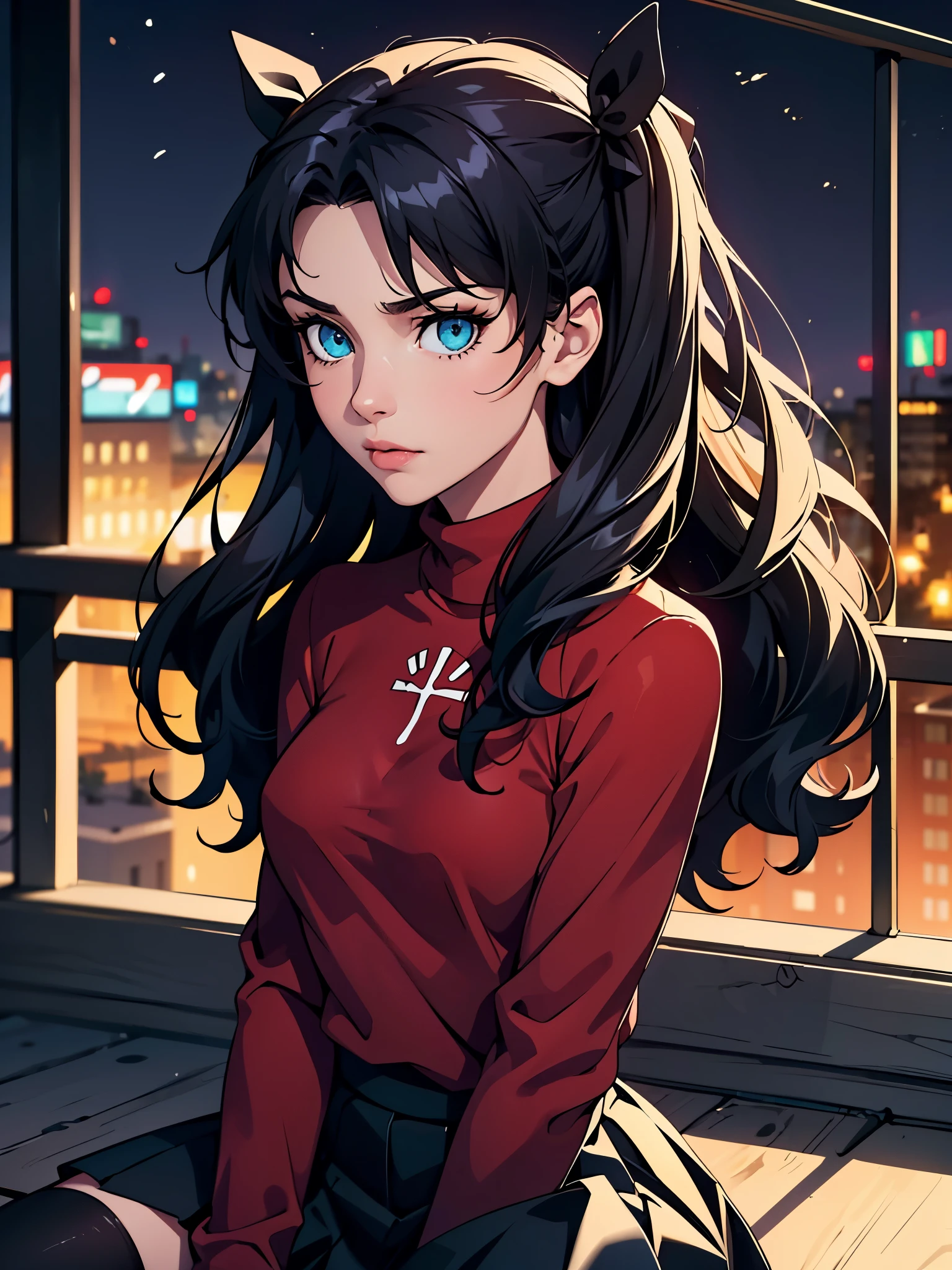 (masterpiece), best quality, expressive eyes, perfect face, 1girl, solo, rintohsaka, rin tohsaka, aqua eyes, black hair, hair ribbon, long hair, ribbon, sidelocks, two side up, black skirt, black thighhighs, long sleeves, miniskirt, pleated skirt, ((red sweater)), skirt, sweater, thighhighs, turtleneck, city background, sitting, character sheet, upper body, portrait, looking at viewer