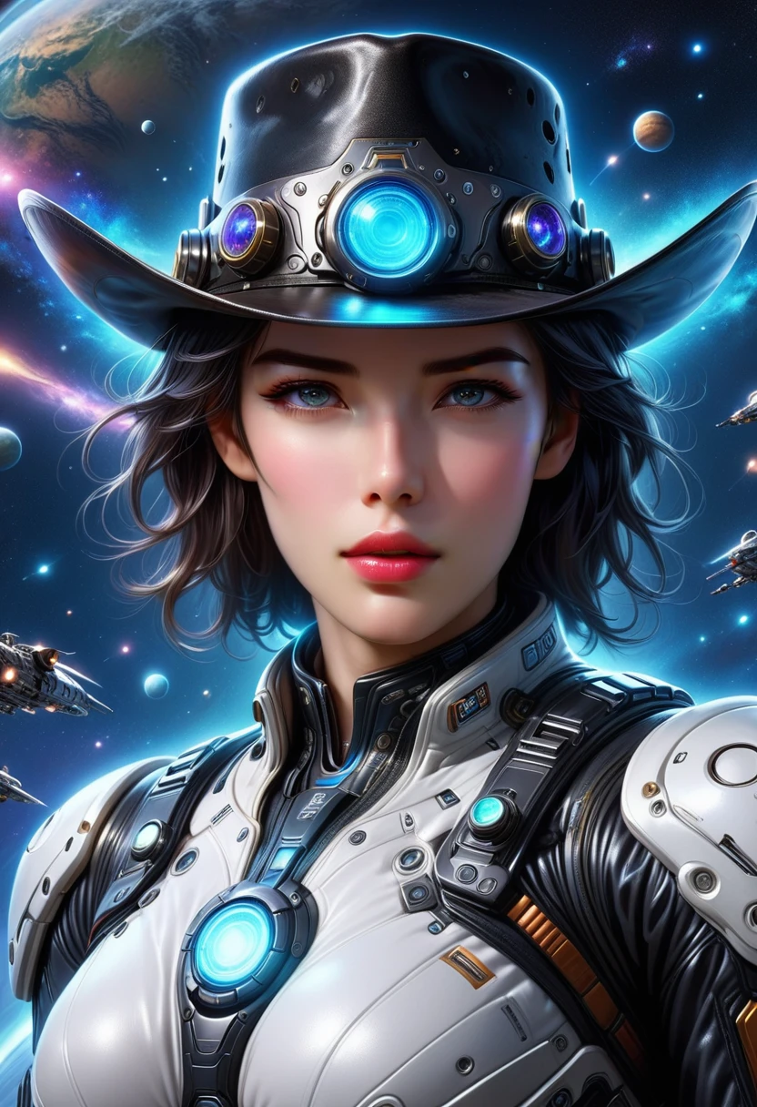 Space cowboy，ultra-detailed,realistic,galaxy,interstellar,1man，detailed eyes,detailed lips,cowboy aviation outfit,cowboy hat,technological clothing,light-emitting outfit.Correct human anatomy，body movements，Motion capture，Cyberpunk，Mechanical warhorse，gear，cyborg，Shoulder，arm，Waist