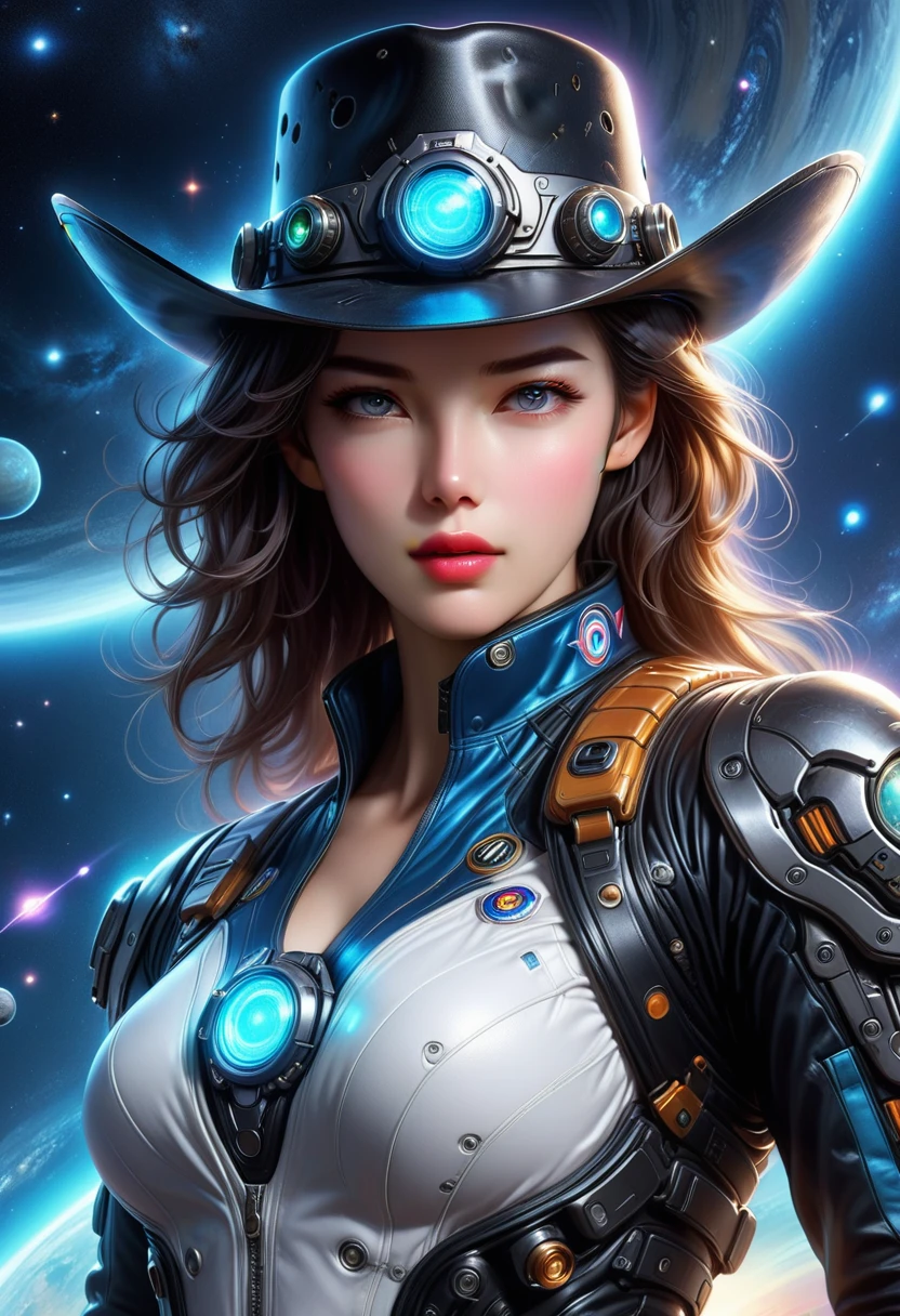 Space cowboy，ultra-detailed,realistic,galaxy,interstellar,1man，detailed eyes,detailed lips,cowboy aviation outfit,cowboy hat,technological clothing,light-emitting outfit.Correct human anatomy，body movements，Motion capture，Cyberpunk，Mechanical warhorse，gear，cyborg，Shoulder，arm，Waist